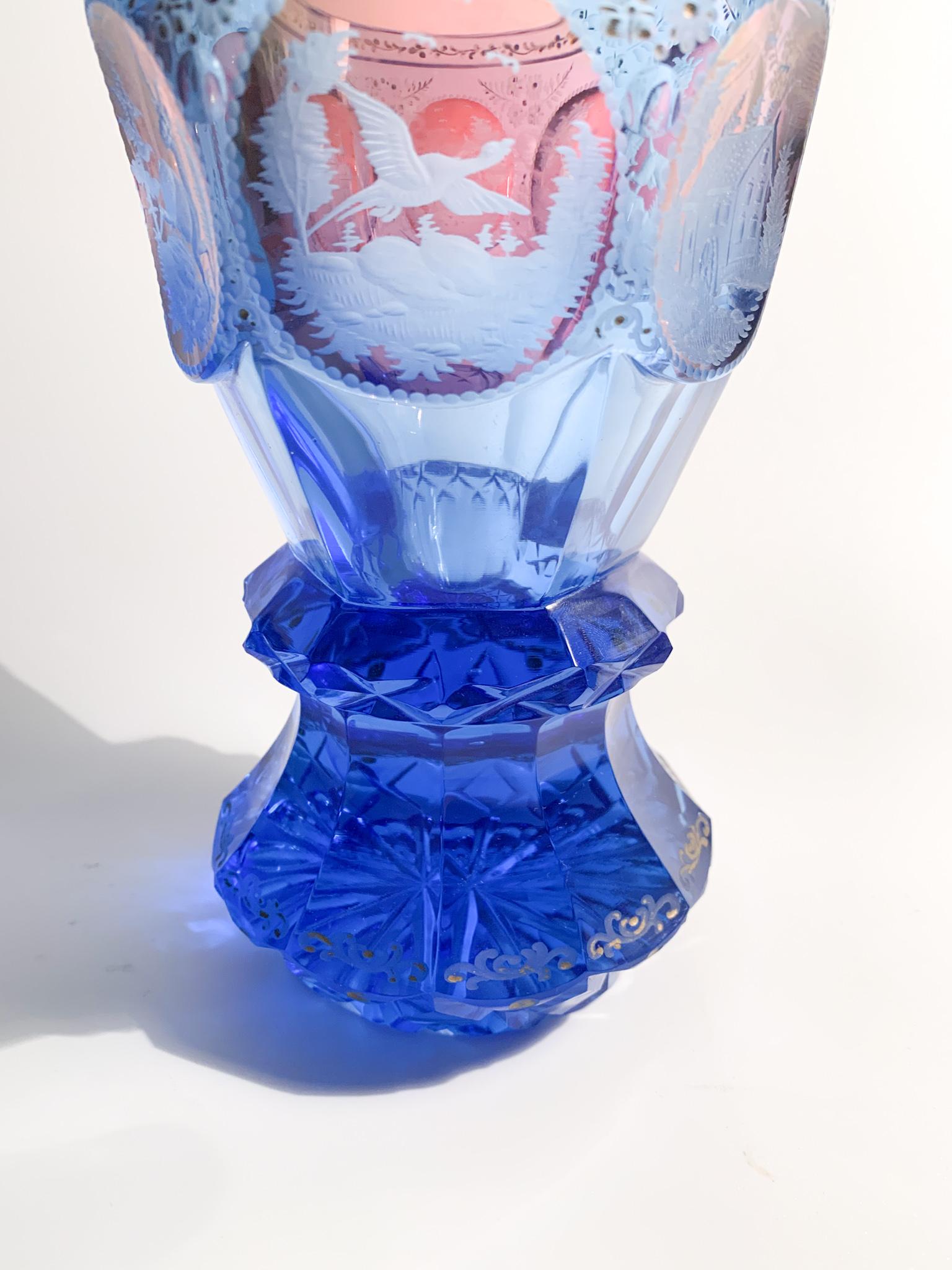 Blue Biedermeier Crystal Glass with Acid Decorations from the 1800s 6