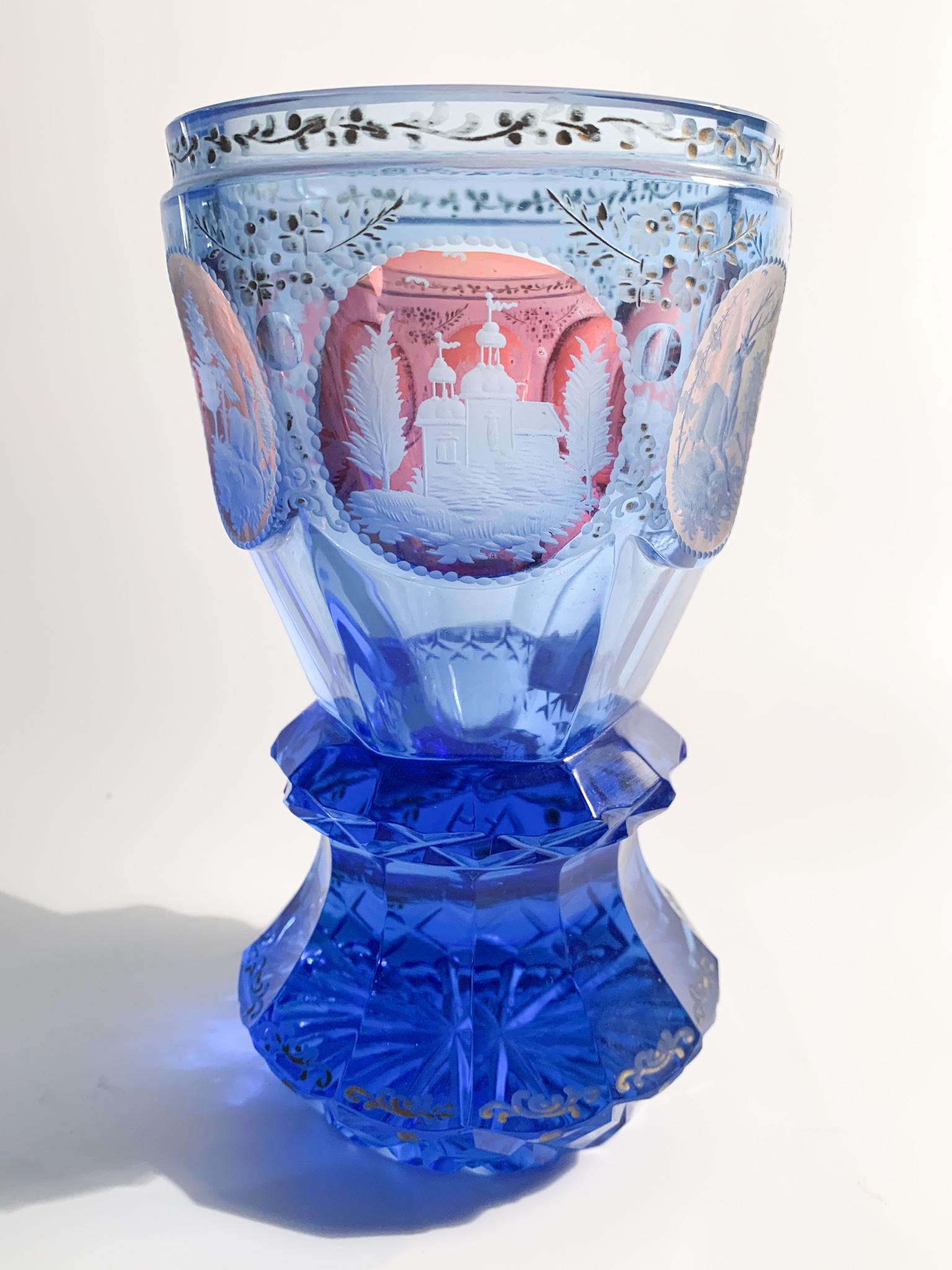 Blue Biedermeier Crystal Glass with Acid Decorations from the 1800s 7