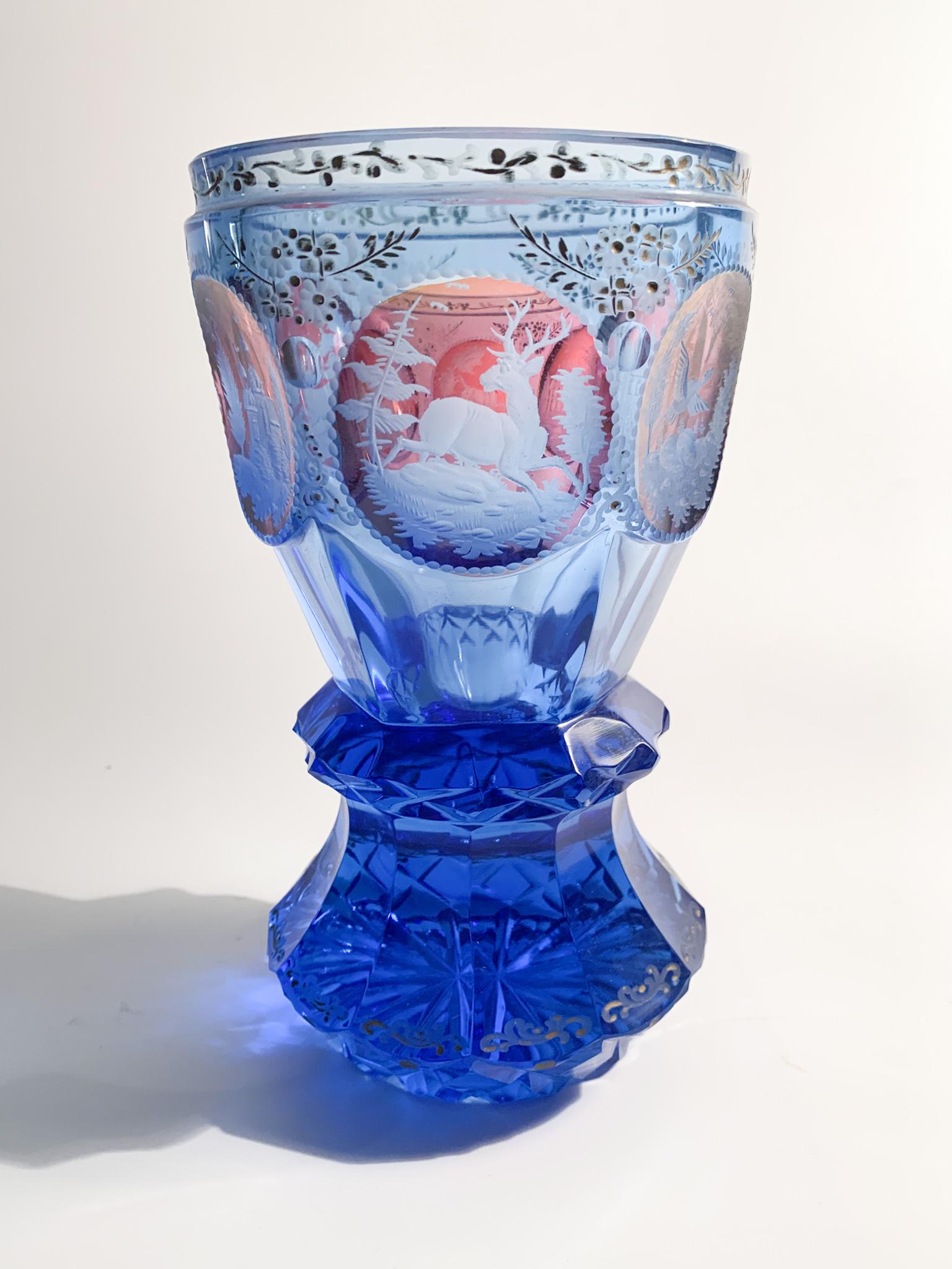 Blue Biedermeier Crystal Glass with Acid Decorations from the 1800s 8