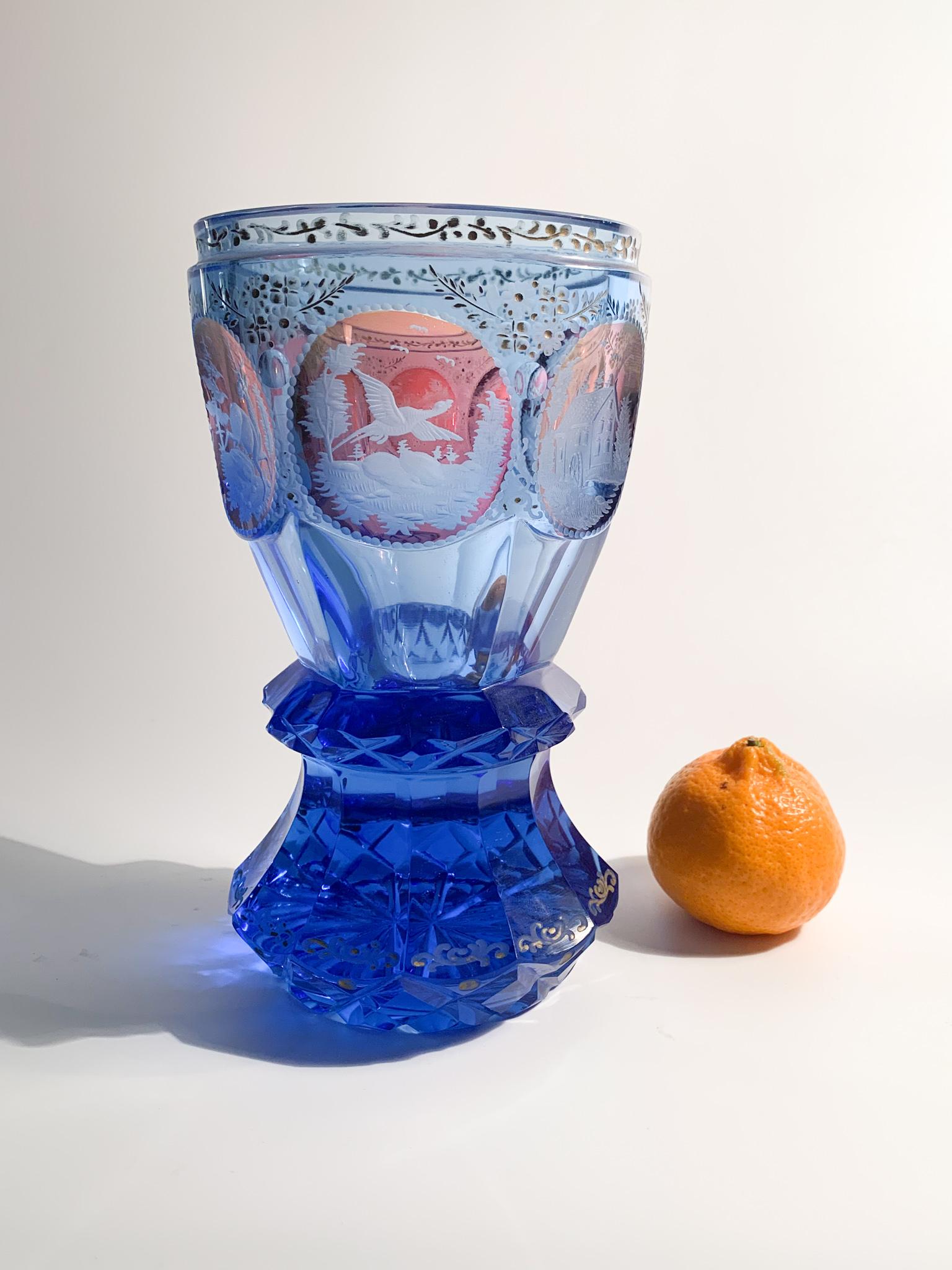 Blue Biedermeier Crystal Glass with Acid Decorations from the 1800s 10