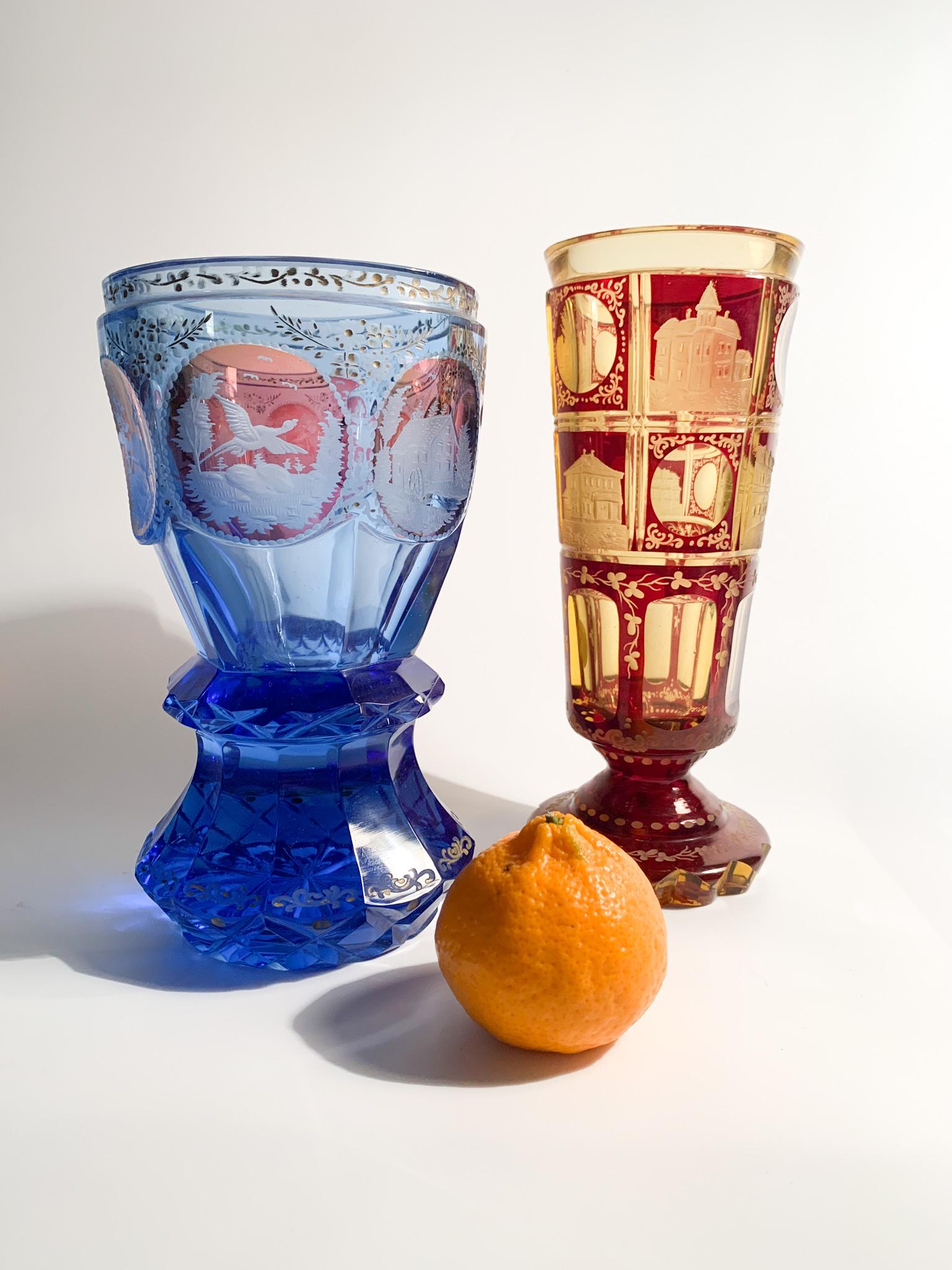 Blue Biedermeier Crystal Glass with Acid Decorations from the 1800s 11