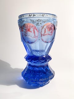 Blue Biedermeier Crystal Glass with Acid Decorations from the 1800s