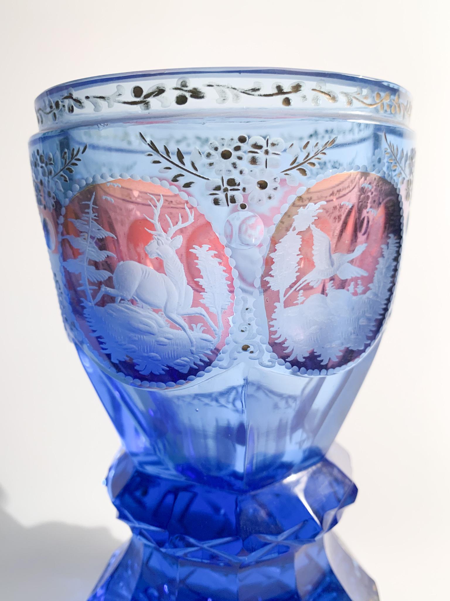 German Blue Biedermeier Crystal Glass with Acid Decorations from the 1800s