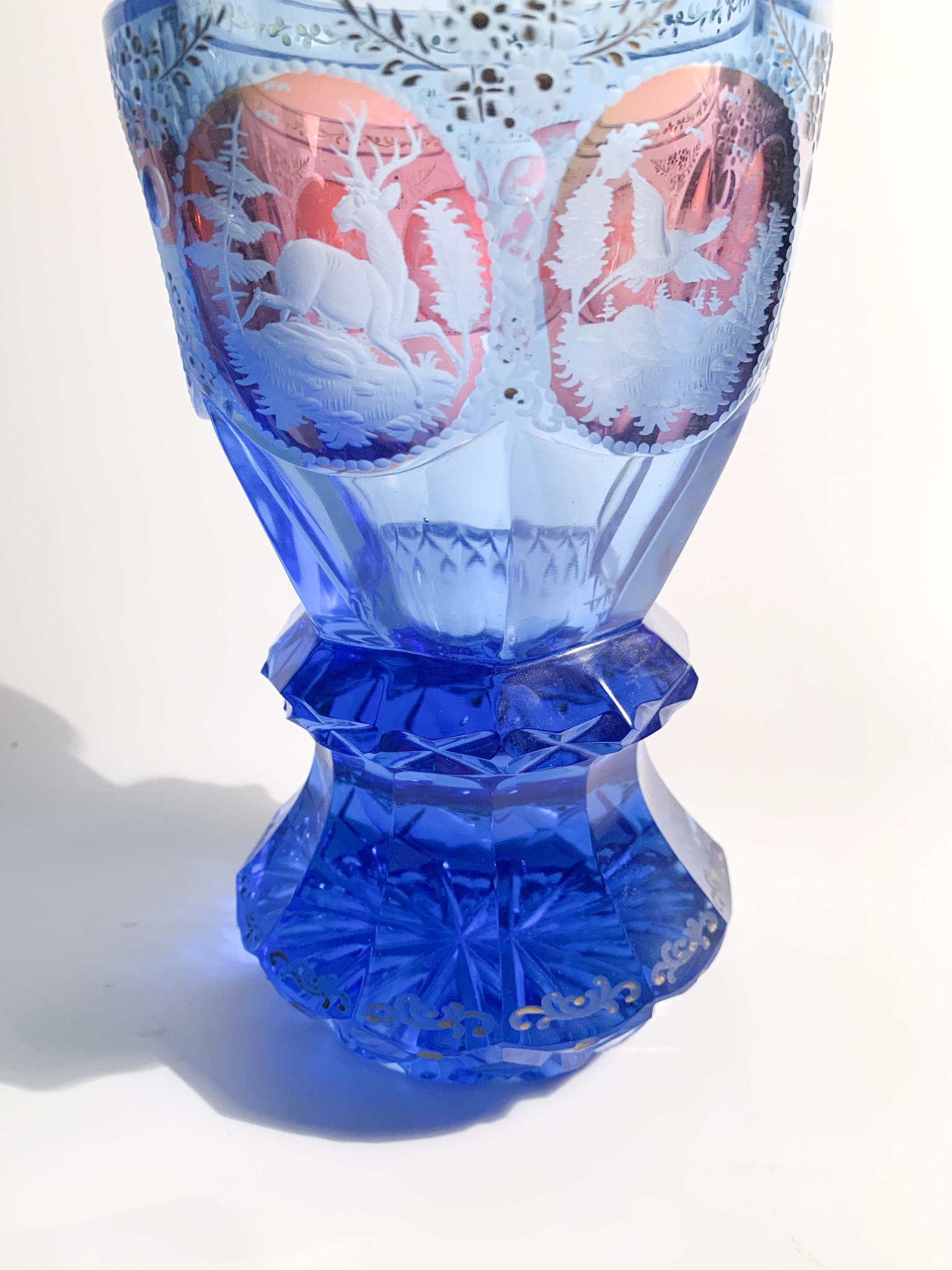 Blue Biedermeier Crystal Glass with Acid Decorations from the 1800s In Good Condition In Milano, MI