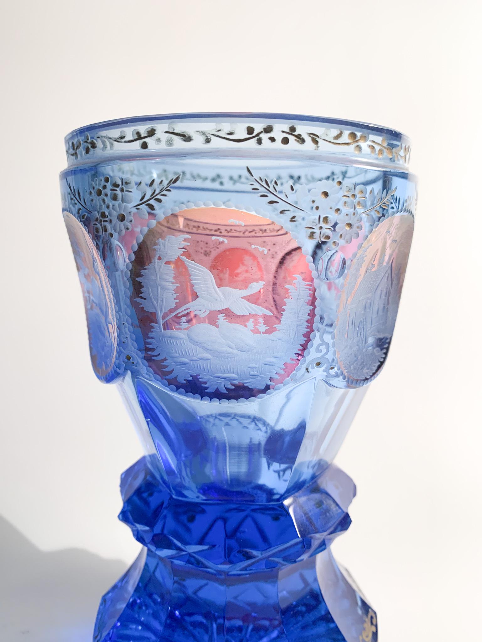 Late 19th Century Blue Biedermeier Crystal Glass with Acid Decorations from the 1800s