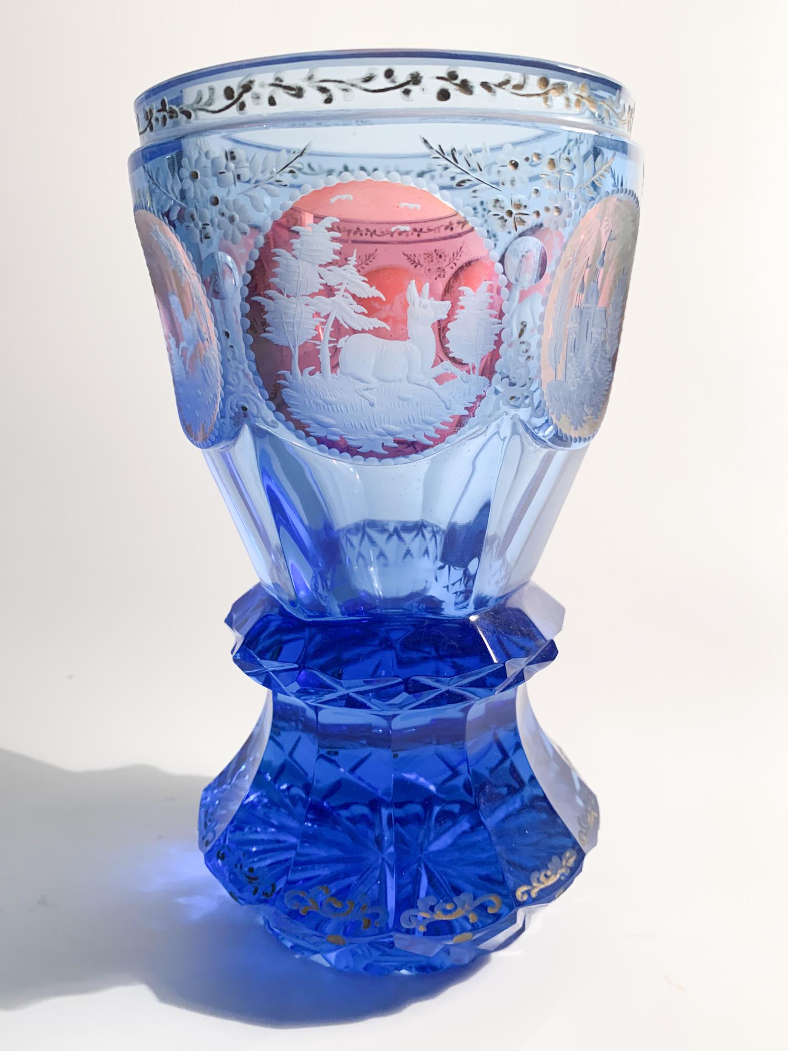 Blue Biedermeier Crystal Glass with Acid Decorations from the 1800s 1