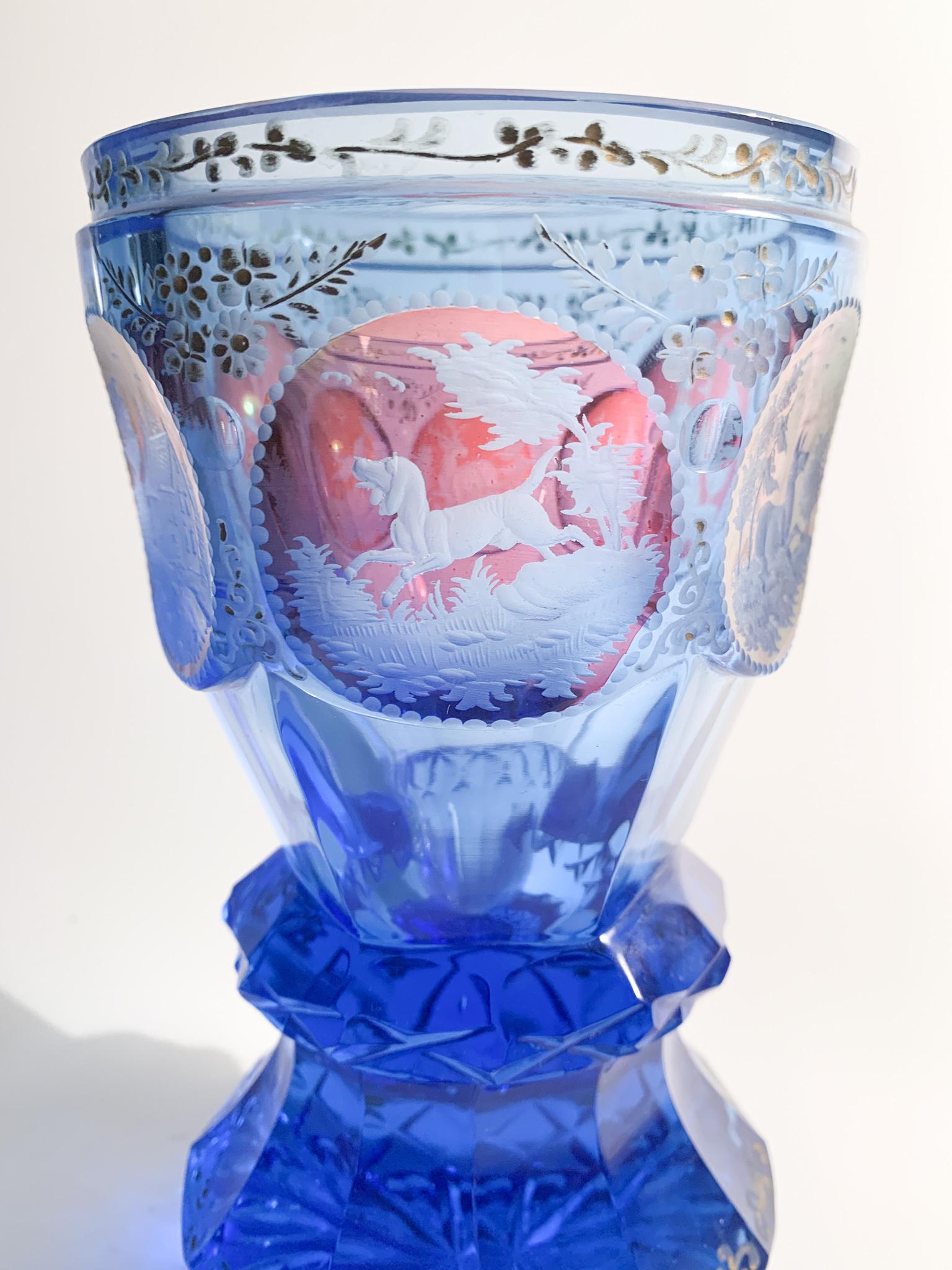 Blue Biedermeier Crystal Glass with Acid Decorations from the 1800s 2