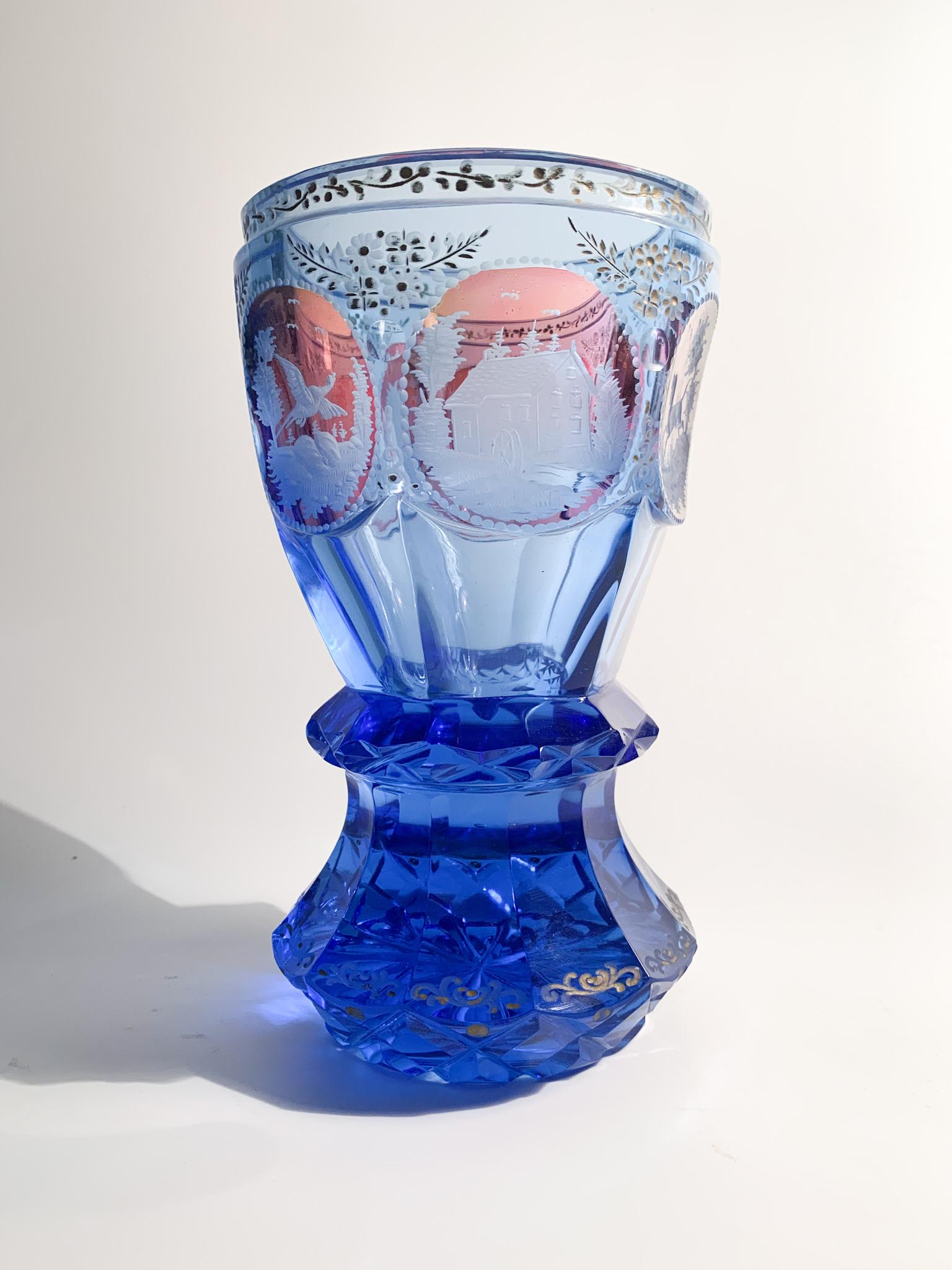 Blue Biedermeier Crystal Glass with Acid Decorations from the 1800s 3
