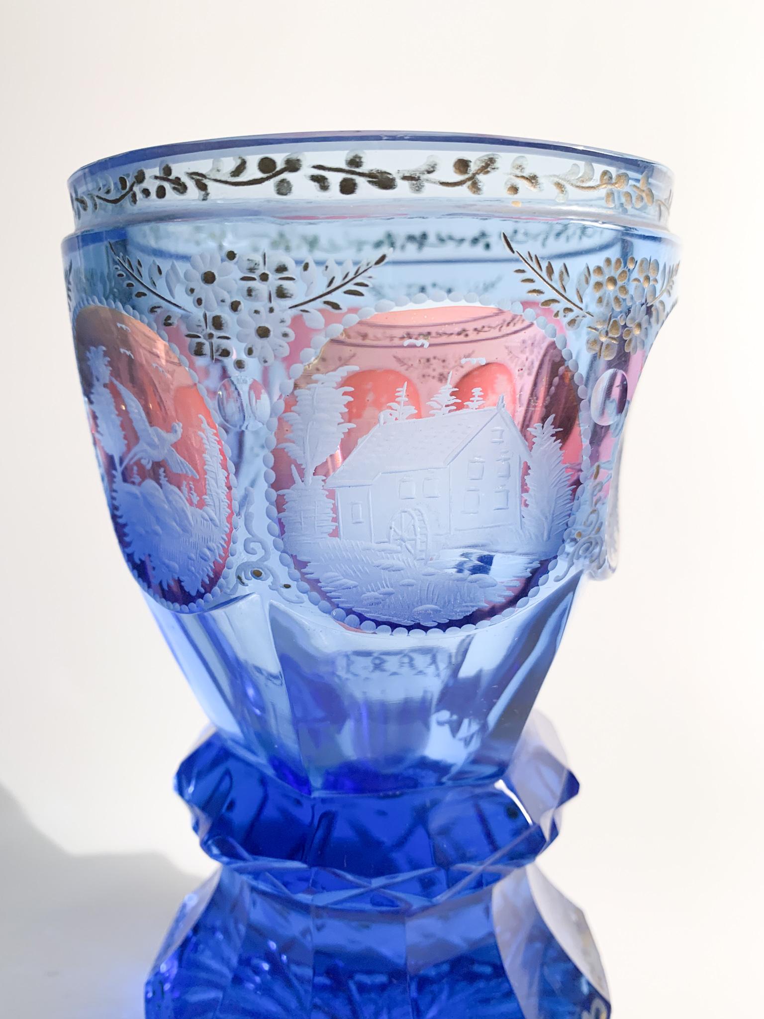 Blue Biedermeier Crystal Glass with Acid Decorations from the 1800s 4