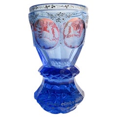Blue Biedermeier Crystal Glass with Acid Decorations from the 1800s