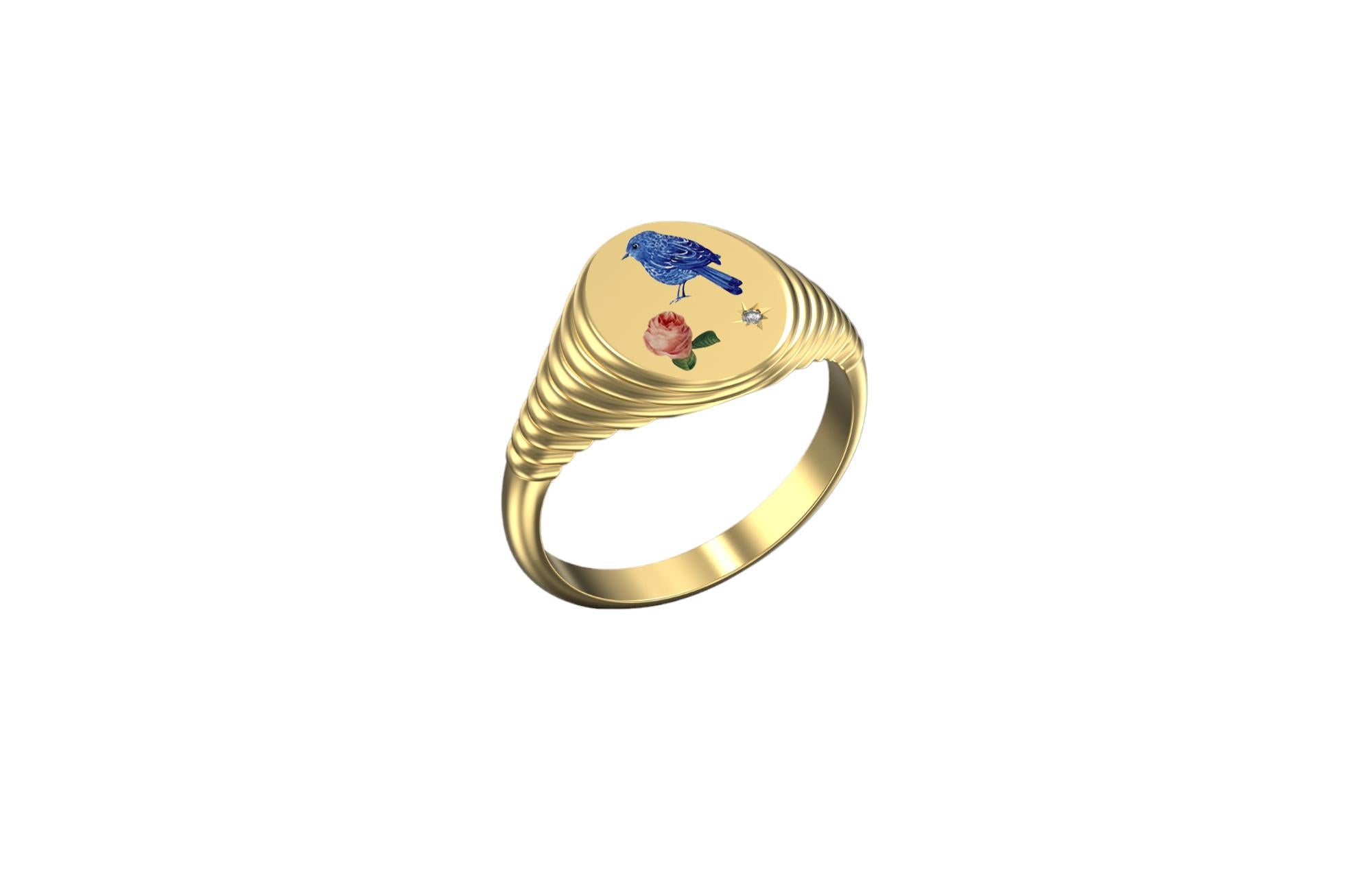 Inspired by ancient Chinese painting, this ring brings art and beauty. 



Oval ring face: 9x11mm, band width: 2.5mm



Enamel hand-painted, complimented by a star set diamond. 18kt yellow gold.



This item is made-to-order and customised for you