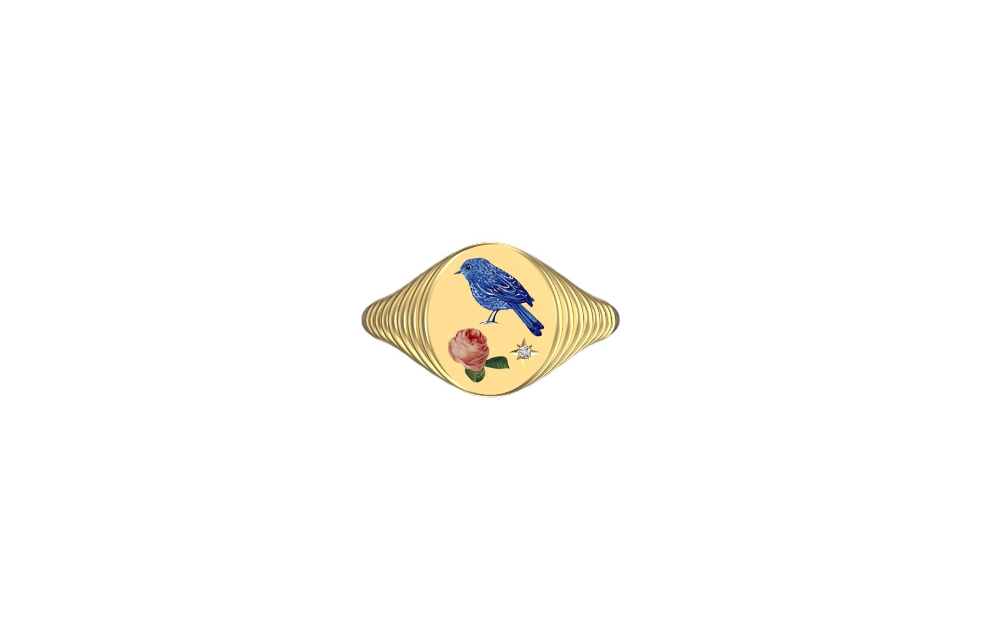 Brilliant Cut Blue Bird and Pink Rose Patterned Ring, 18K Yellow Gold with Diamond  For Sale