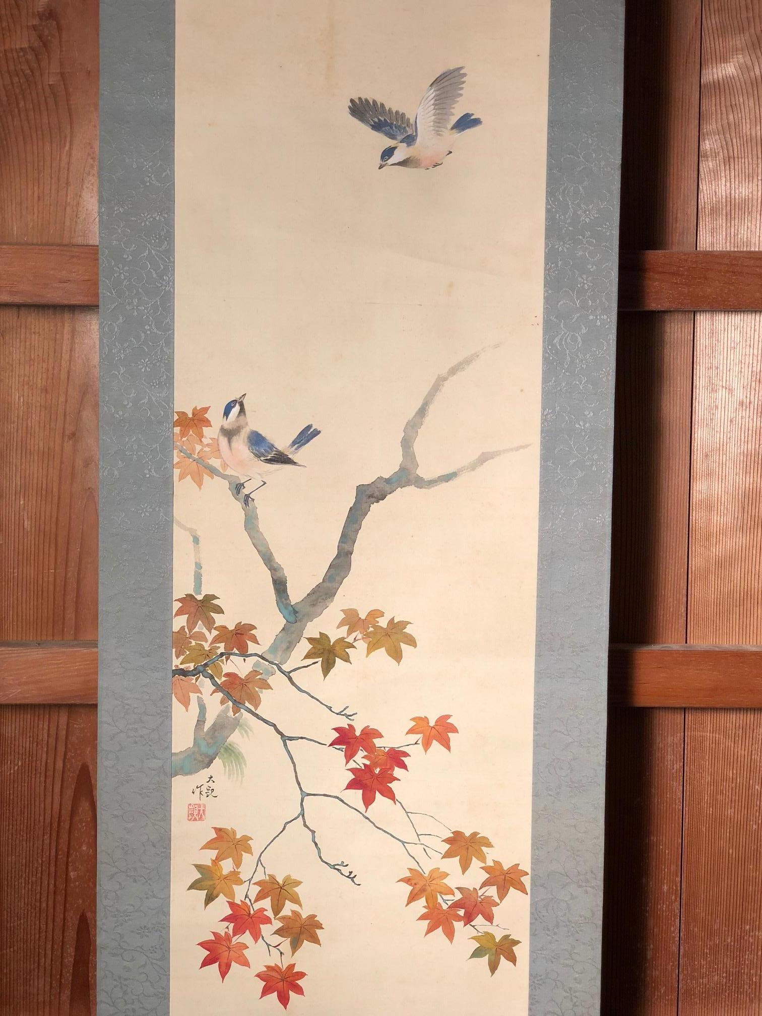 Blue Birds and Maples Japanese Antique Hand-Painted Silk Scroll, Meiji Period 6