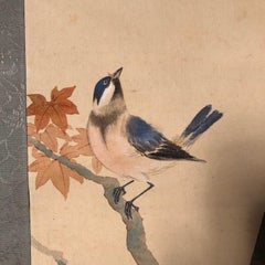 Blue Birds and Maples Japanese Antique Hand-Painted Silk Scroll, Meiji Period