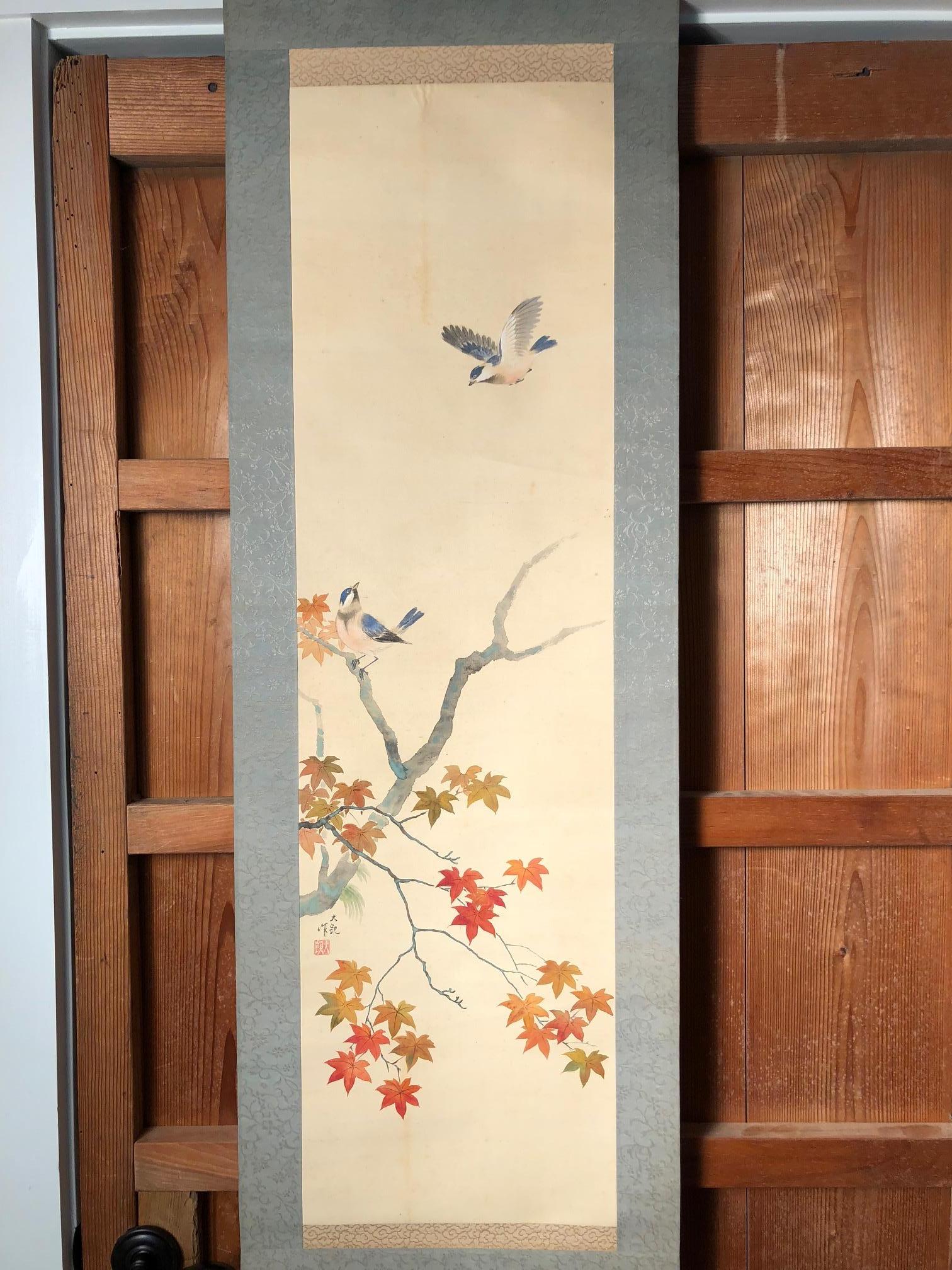 Taisho Blue Birds and Maples Japanese Antique Hand-Painted Silk Scroll, Meiji Period