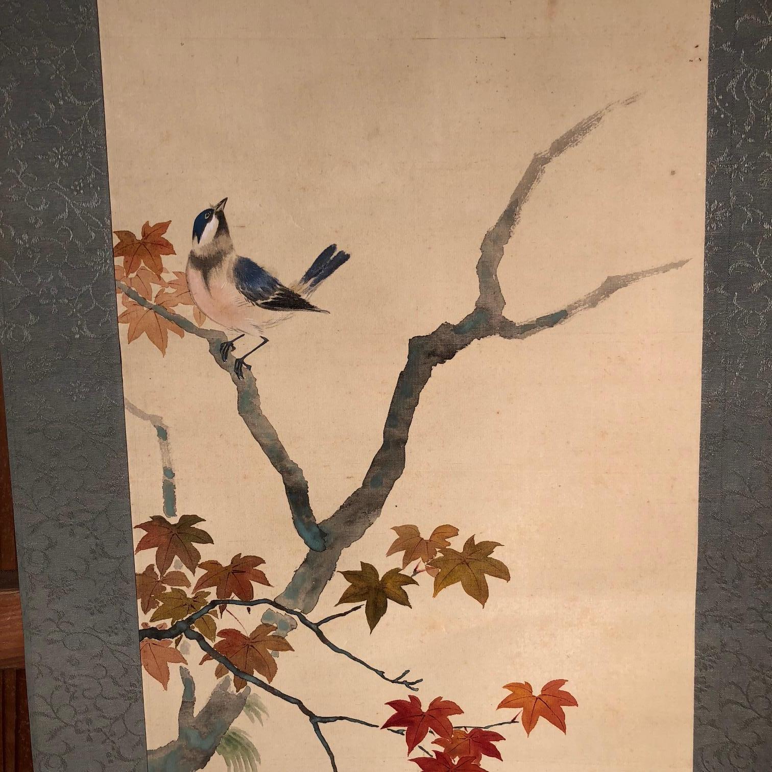 Blue Birds and Maples Japanese Antique Hand-Painted Silk Scroll, Meiji Period In Good Condition In South Burlington, VT