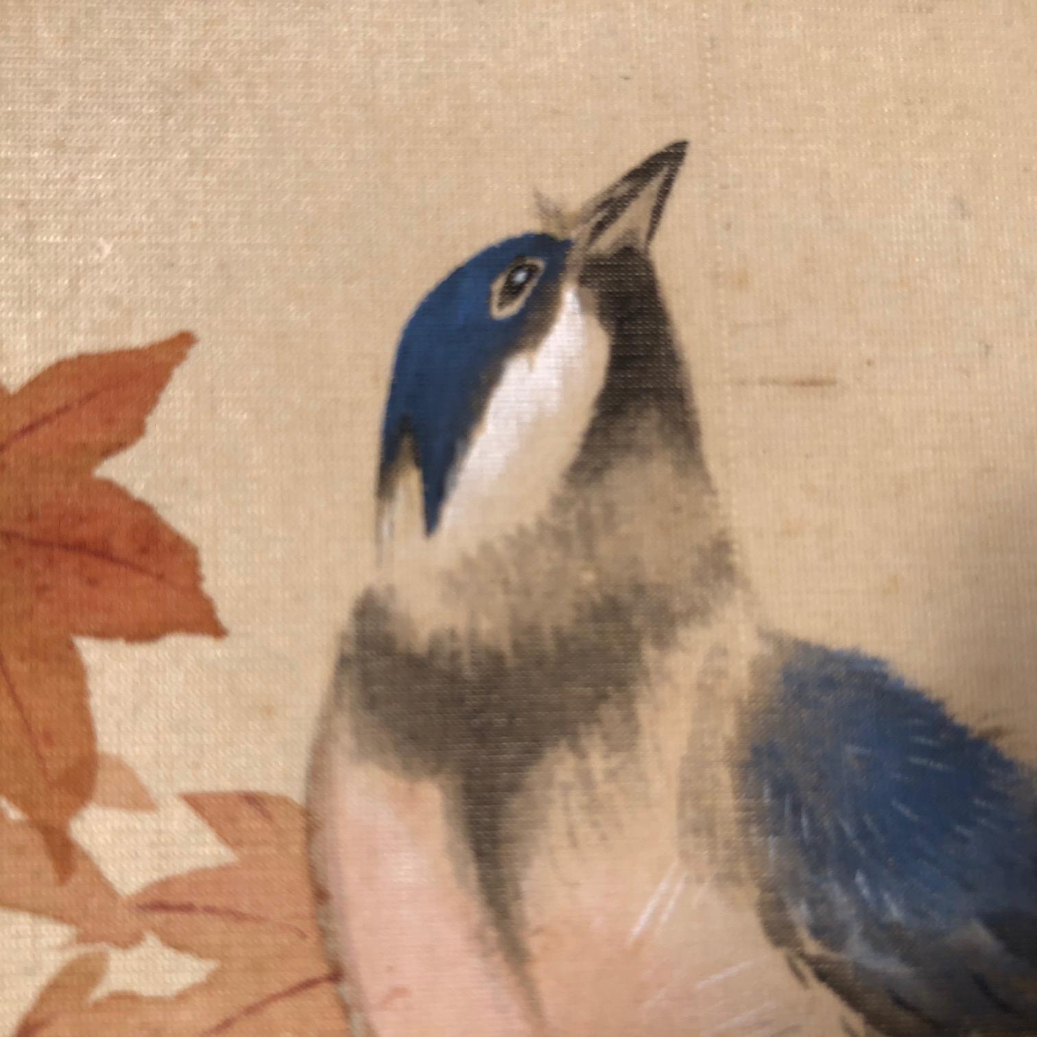 20th Century Blue Birds and Maples Japanese Antique Hand-Painted Silk Scroll, Meiji Period