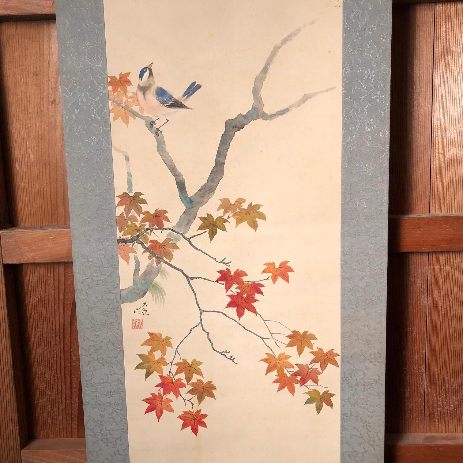 Blue Birds and Maples Japanese Antique Hand-Painted Silk Scroll, Meiji Period 3
