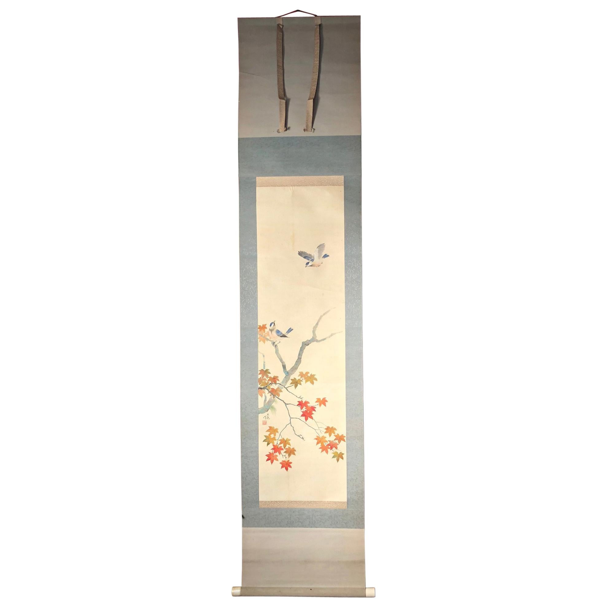 Blue Birds and Maples Japanese Antique Hand-Painted Silk Scroll, Meiji Period