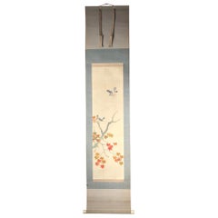 Blue Birds and Maples Japanese Antique Hand-Painted Silk Scroll, Meiji Period