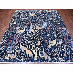 Blaue Vögel des Paradieses Peshawar Handgeknüpfter quadratischer orientalischer Teppich aus Wolle 8'x8'2"
