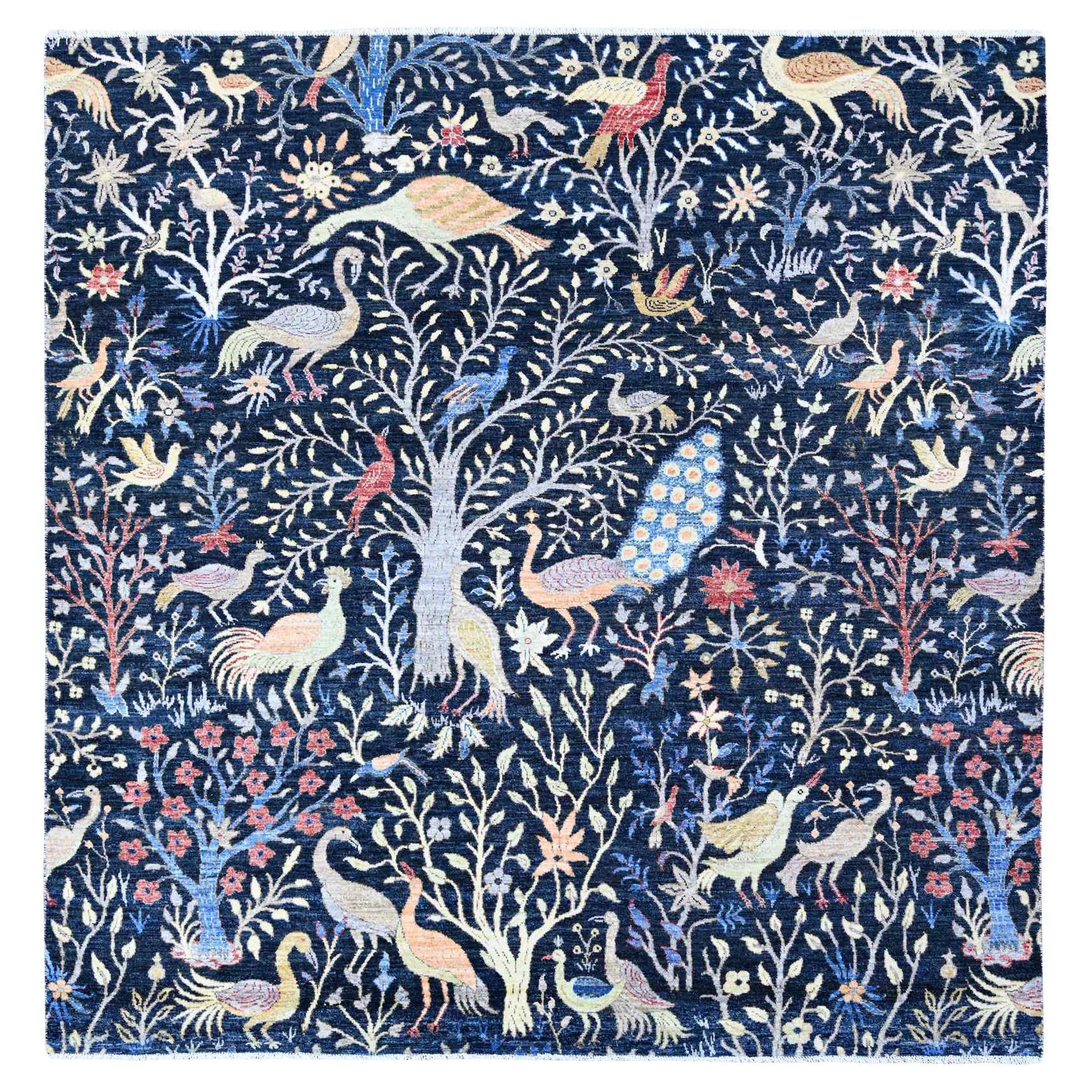 Alfombra Oriental Cuadrada de Lana Anudada a Mano Peshawar Azul Aves del Paraíso 8'x8'2