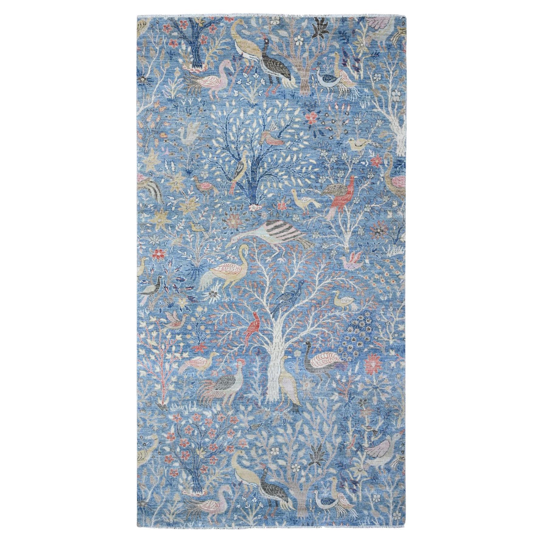 Blue Birds of Paradise Peshawar Hand Knotted Wool Wide Runner Rug 5'11" x 11'10"