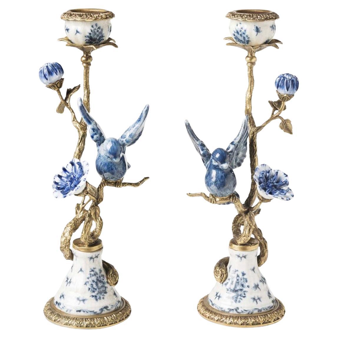 Oiseaux bleus Lot de 2 bougeoirs