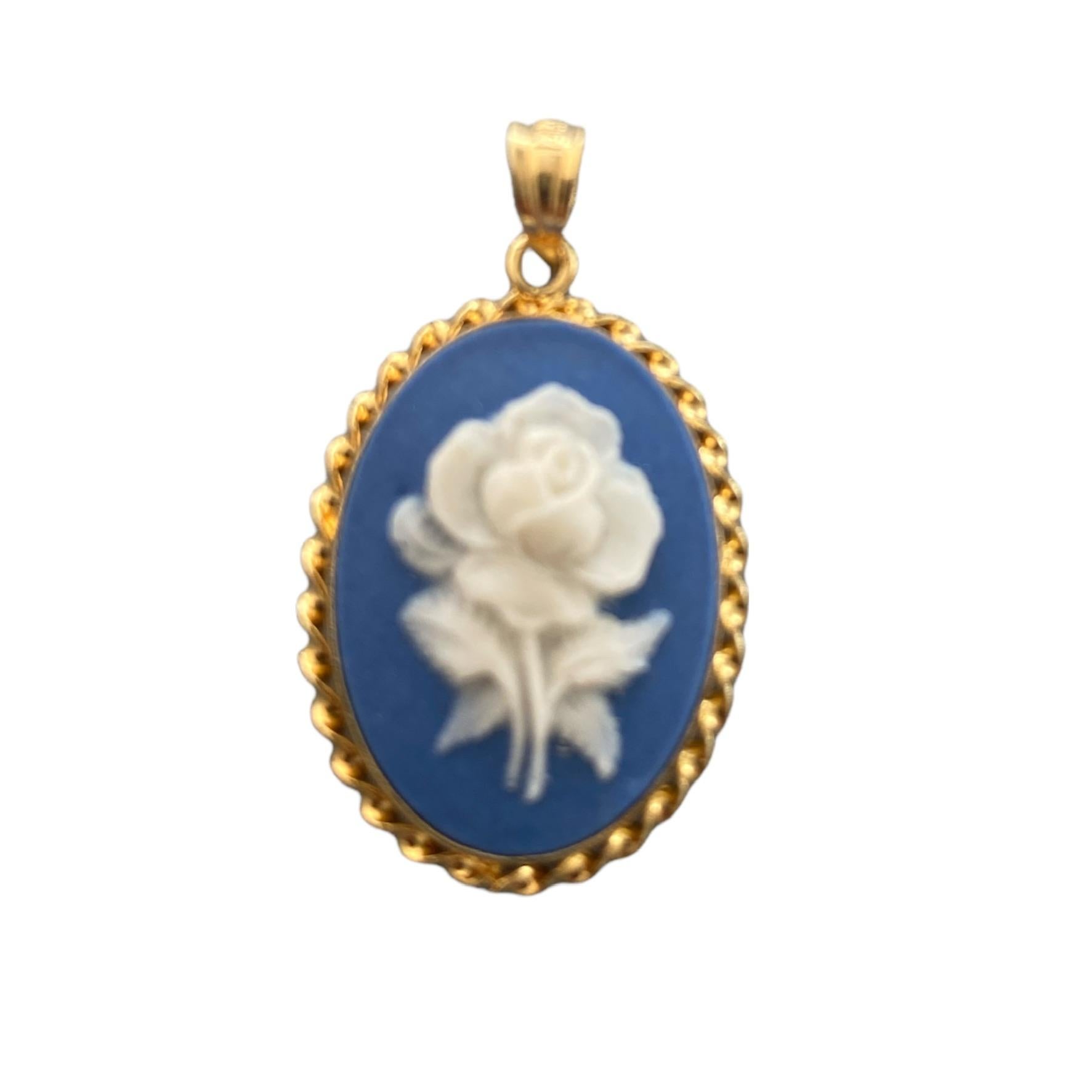 Victorian Blue Bisque Floral Charm Pendant 14 Karat Yellow Gold