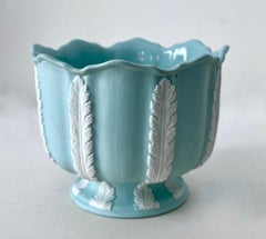 Blue Bisque Planter Bowl with White Leaves