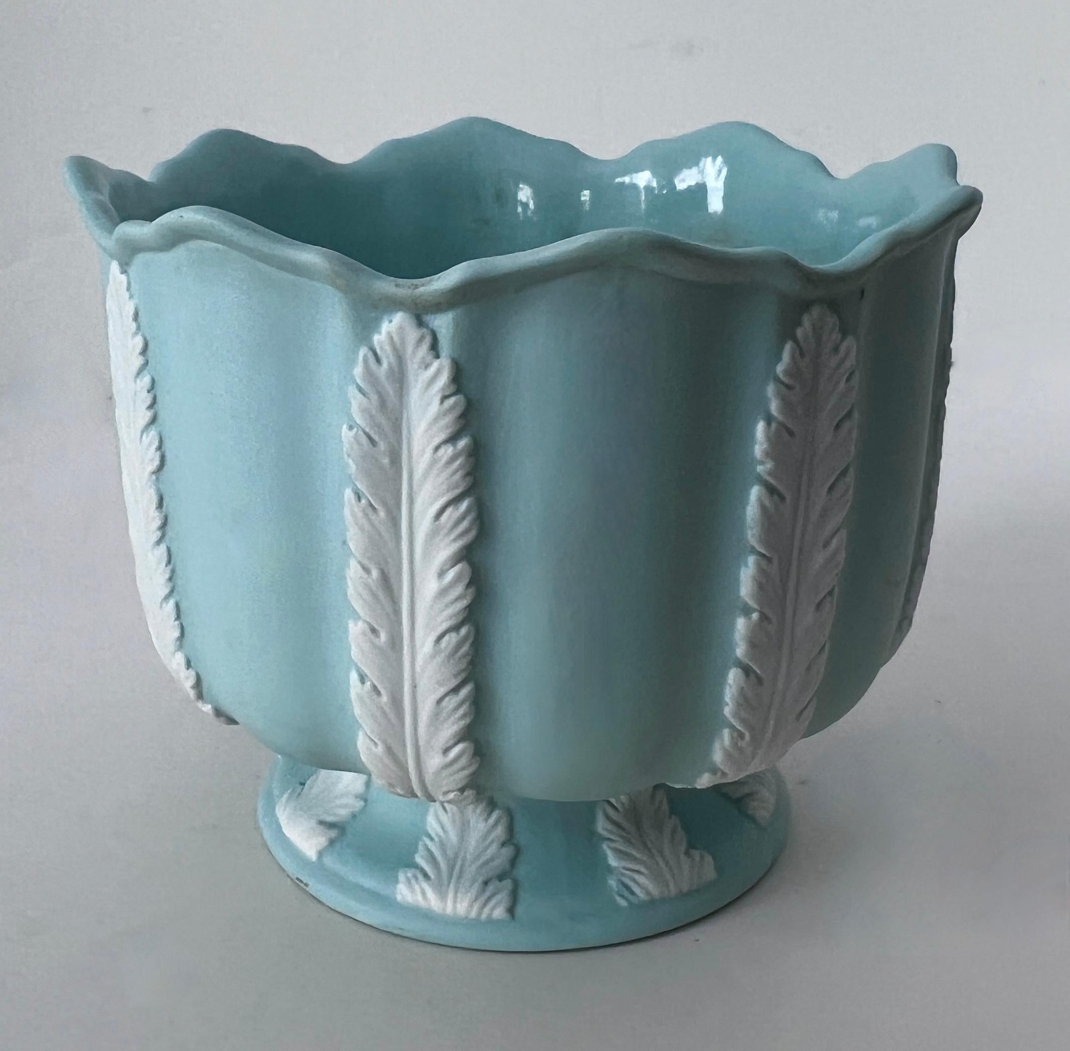 Mid-Century Modern Blue Bisque Planter Bowl with White Leaves For Sale