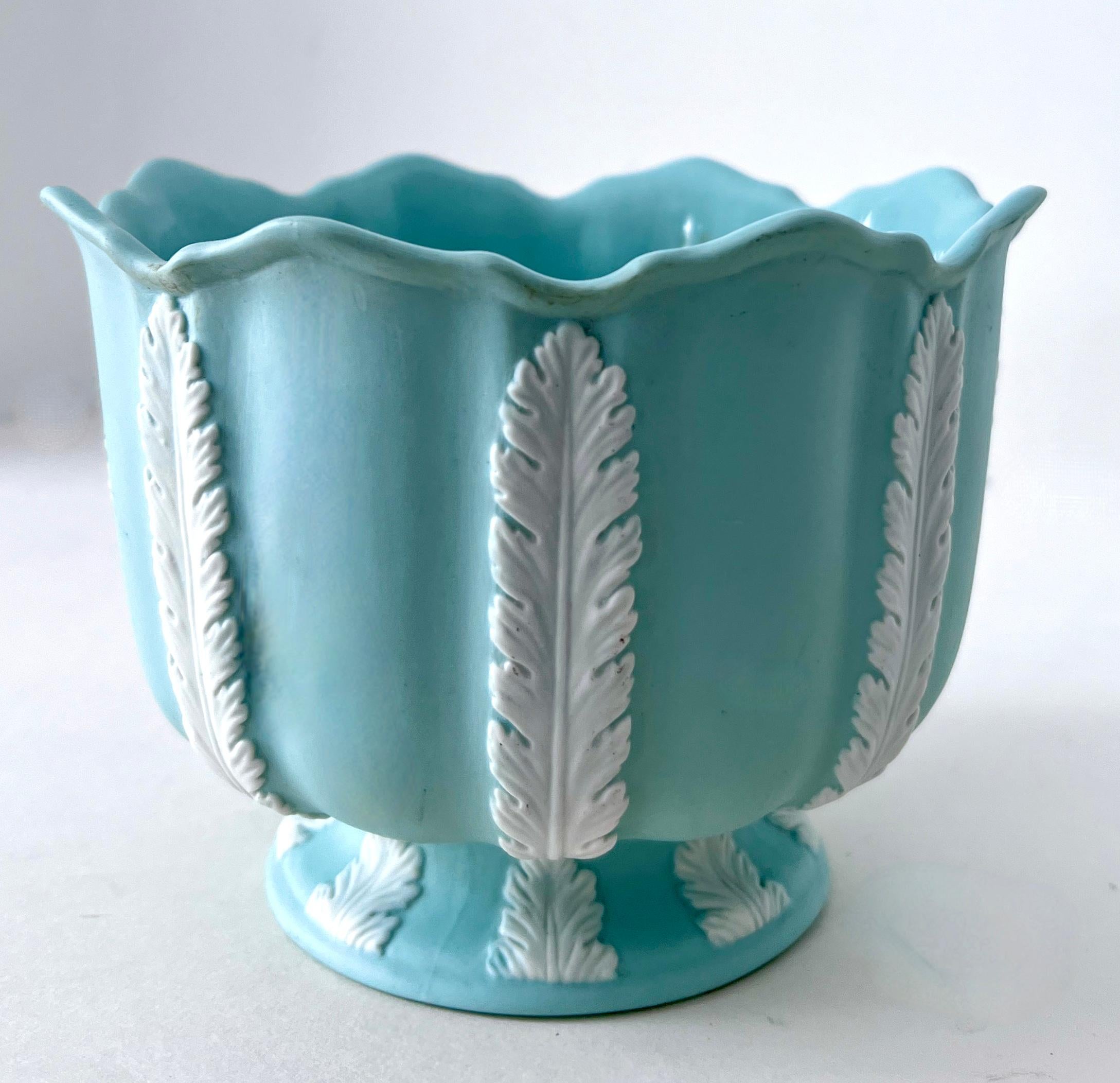 Hand-Crafted Blue Bisque Planter Bowl with White Leaves For Sale