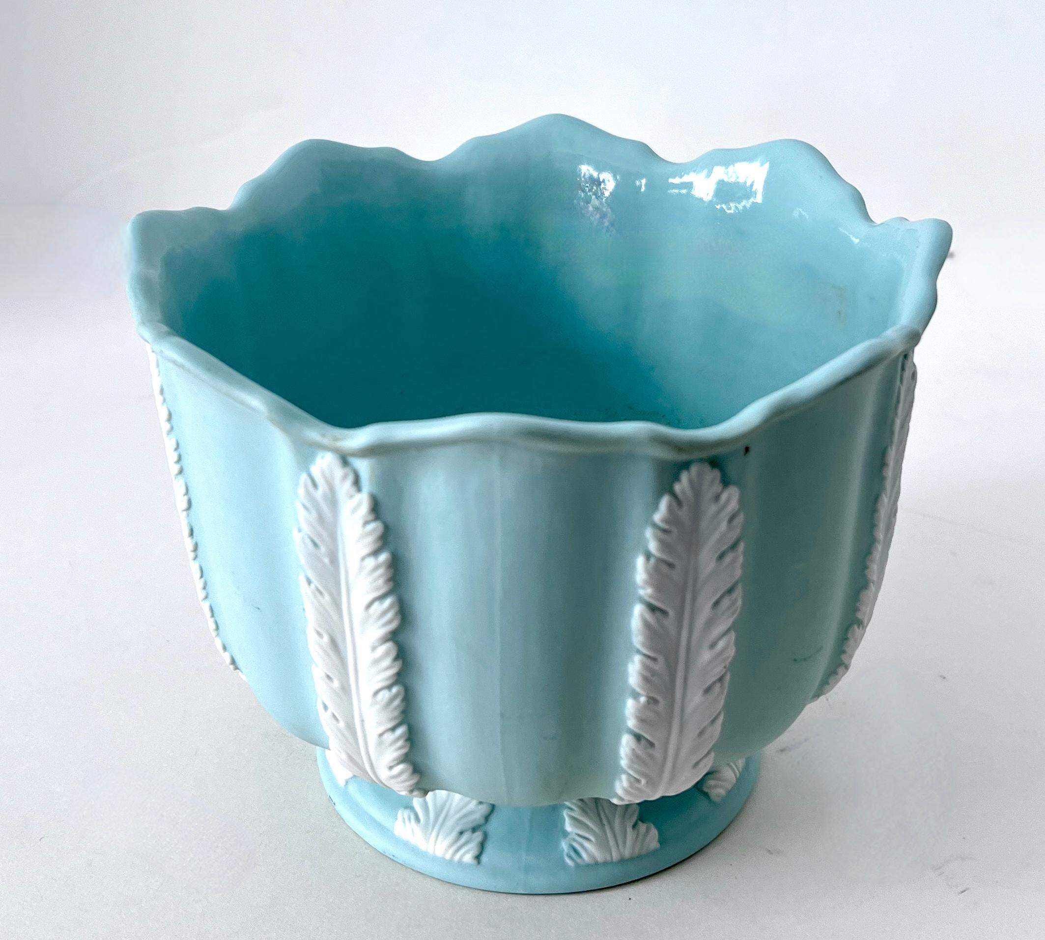 Blue Bisque Planter Bowl with White Leaves In Good Condition For Sale In Los Angeles, CA