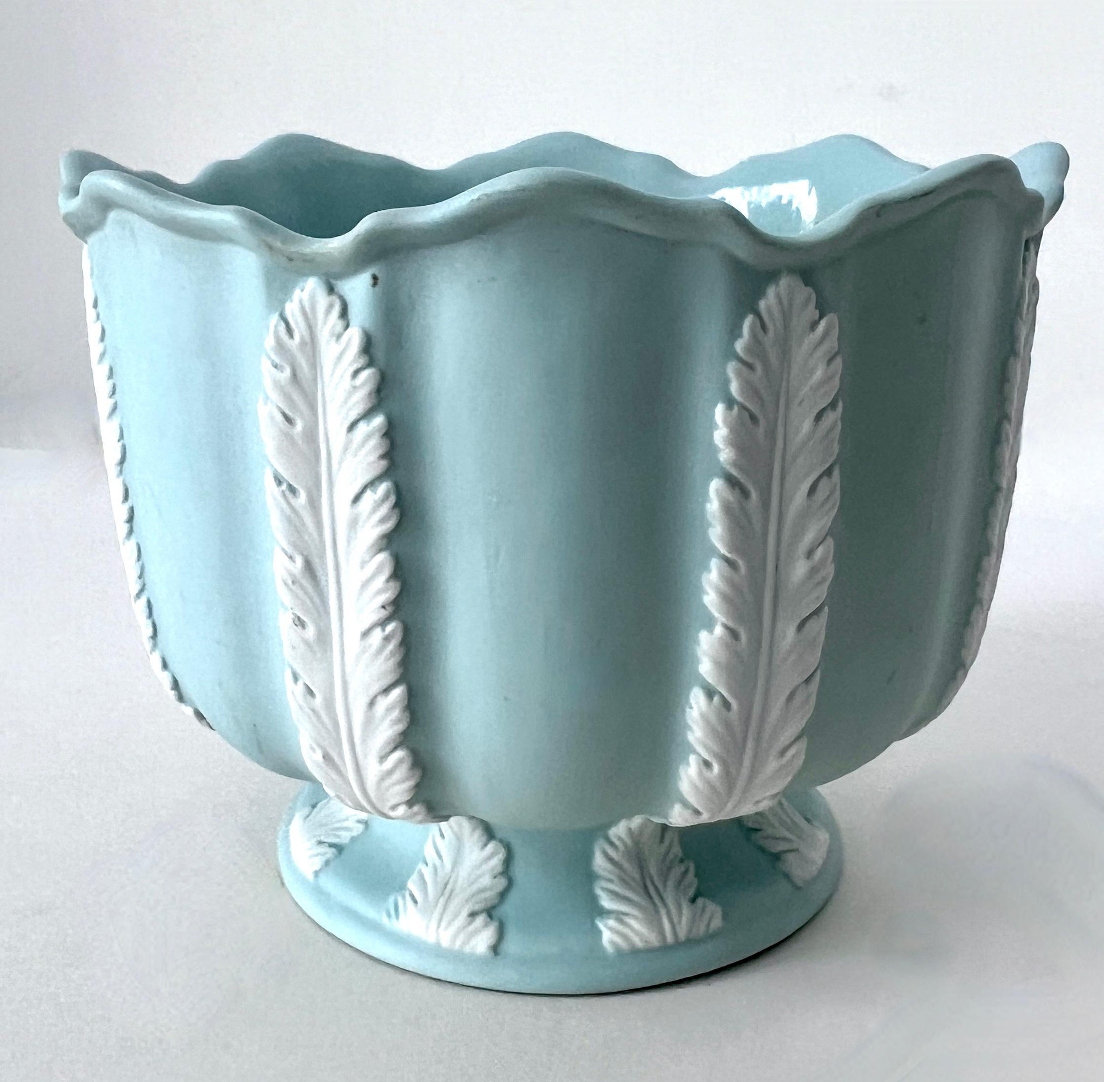 20th Century Blue Bisque Planter Bowl with White Leaves For Sale