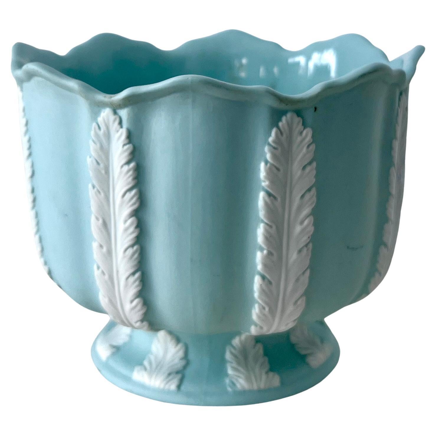 Blue Bisque Planter Bowl with White Leaves For Sale