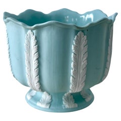 Vintage Blue Bisque Planter Bowl with White Leaves