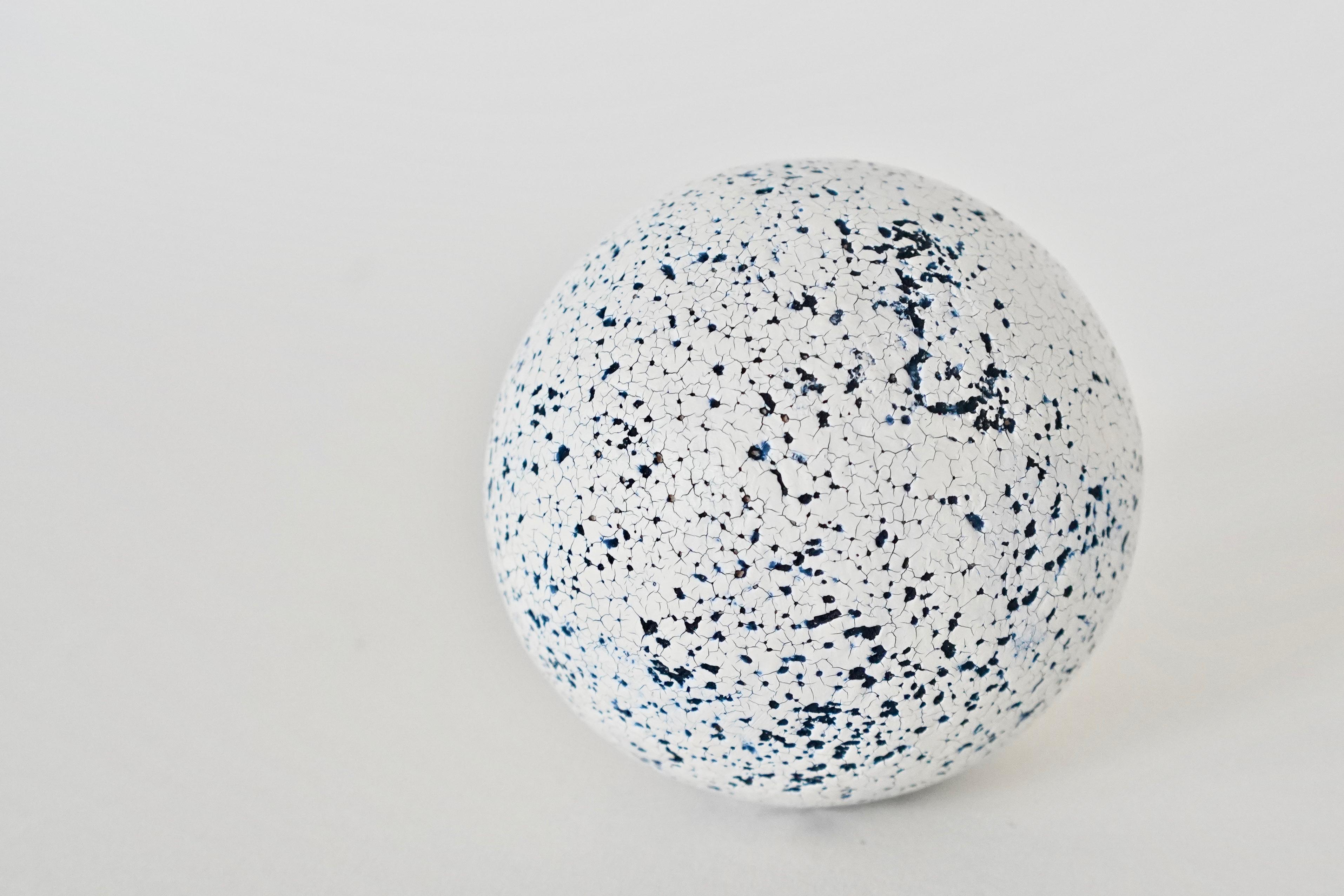 Hand-Crafted Blue, Black and White Crackle-Surfaced Ceramic Sphere, Hand Built Sculpture For Sale