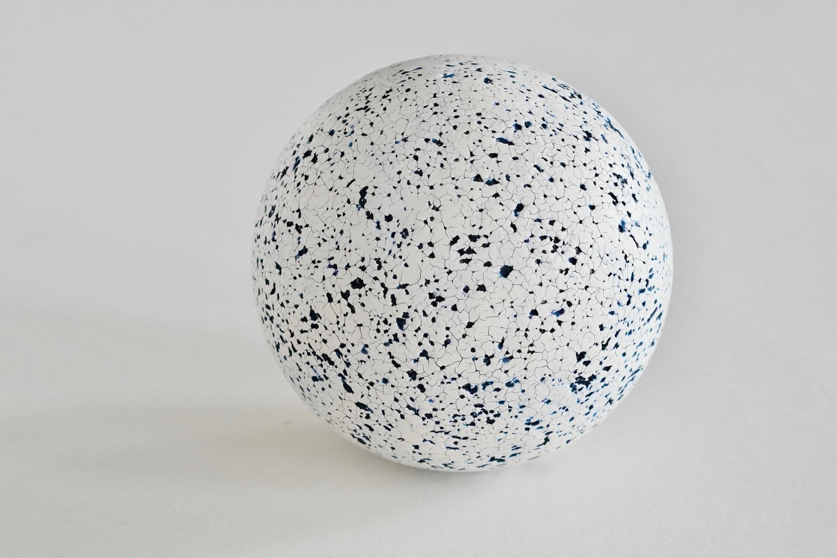 Contemporary Blue, Black and White Crackle-Surfaced Ceramic Sphere, Hand Built Sculpture For Sale