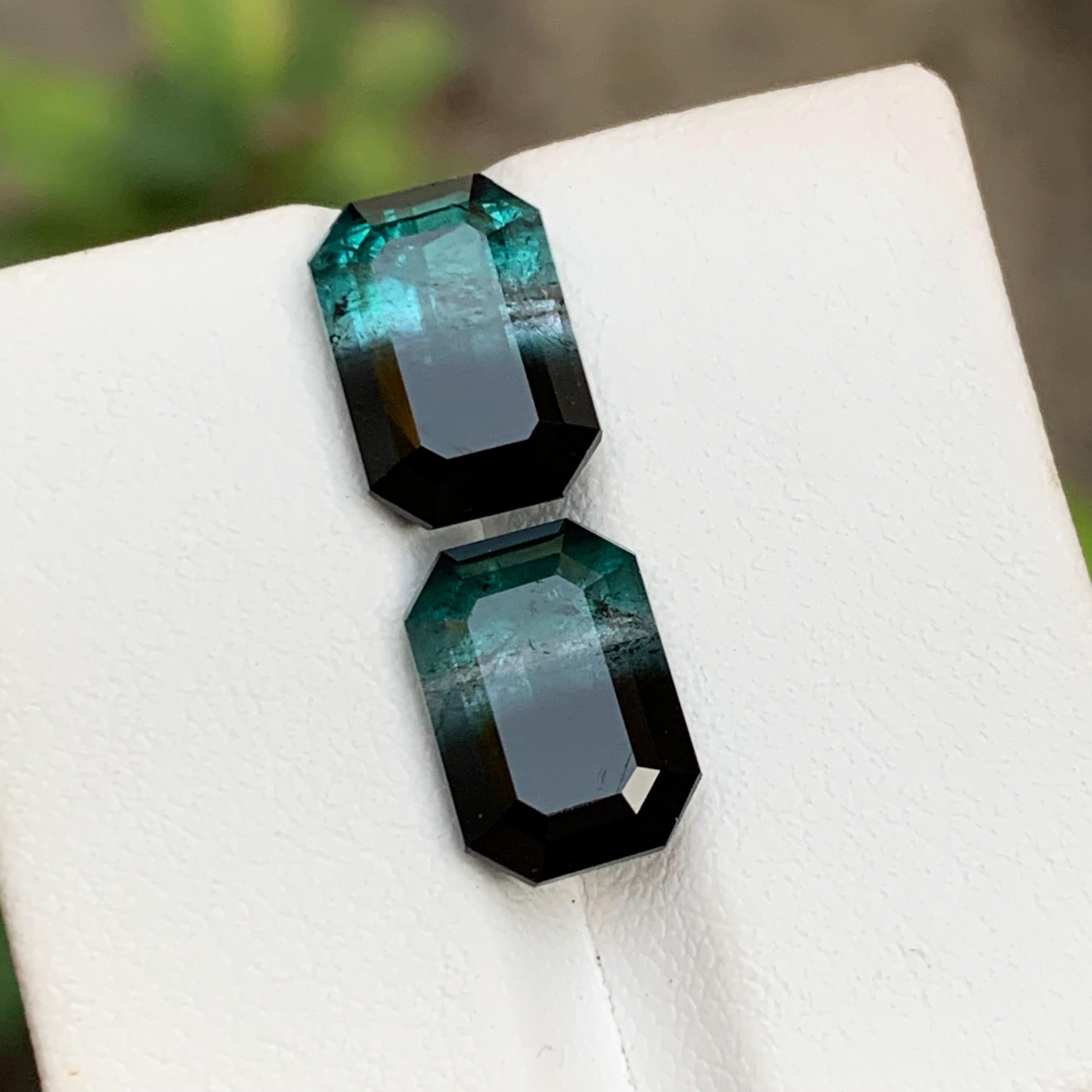 Blue & Black Bicolor Tourmaline Gemstones Pair 8.85 Ct Emerald Cut for Earrings For Sale 5