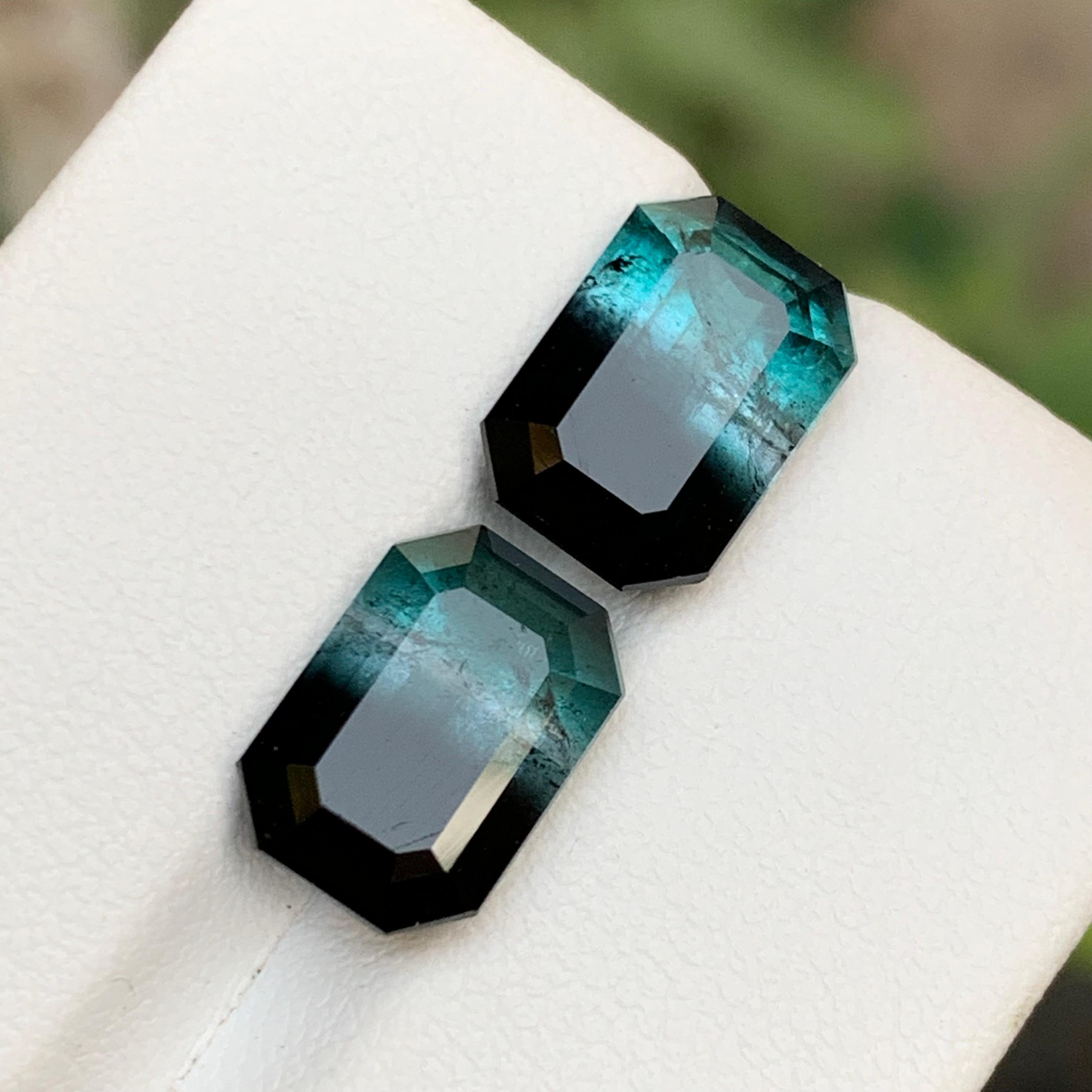 Blue & Black Bicolor Tourmaline Gemstones Pair 8.85 Ct Emerald Cut for Earrings In New Condition For Sale In Peshawar, PK