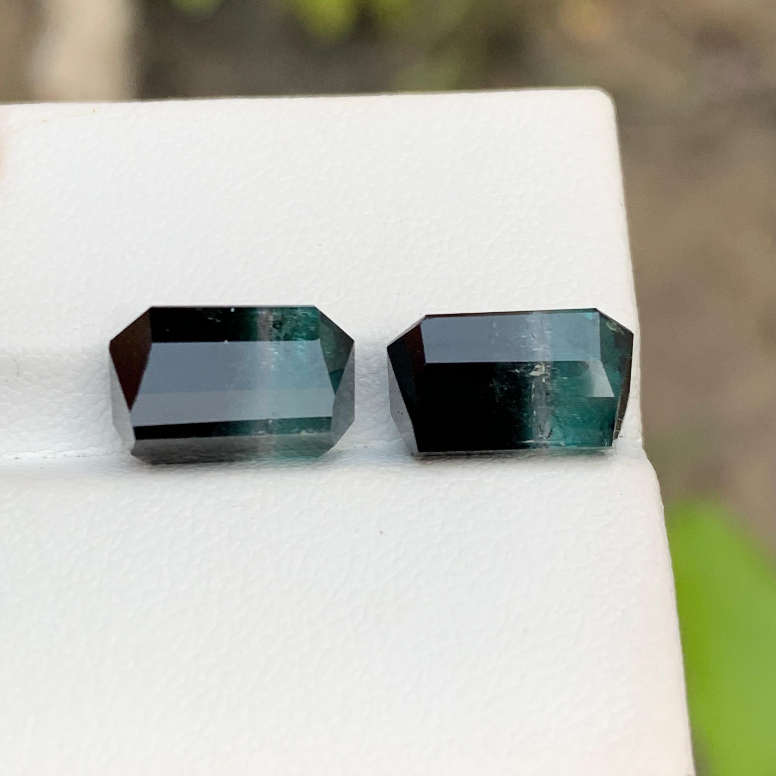 Blue & Black Bicolor Tourmaline Gemstones Pair 8.85 Ct Emerald Cut for Earrings For Sale 2