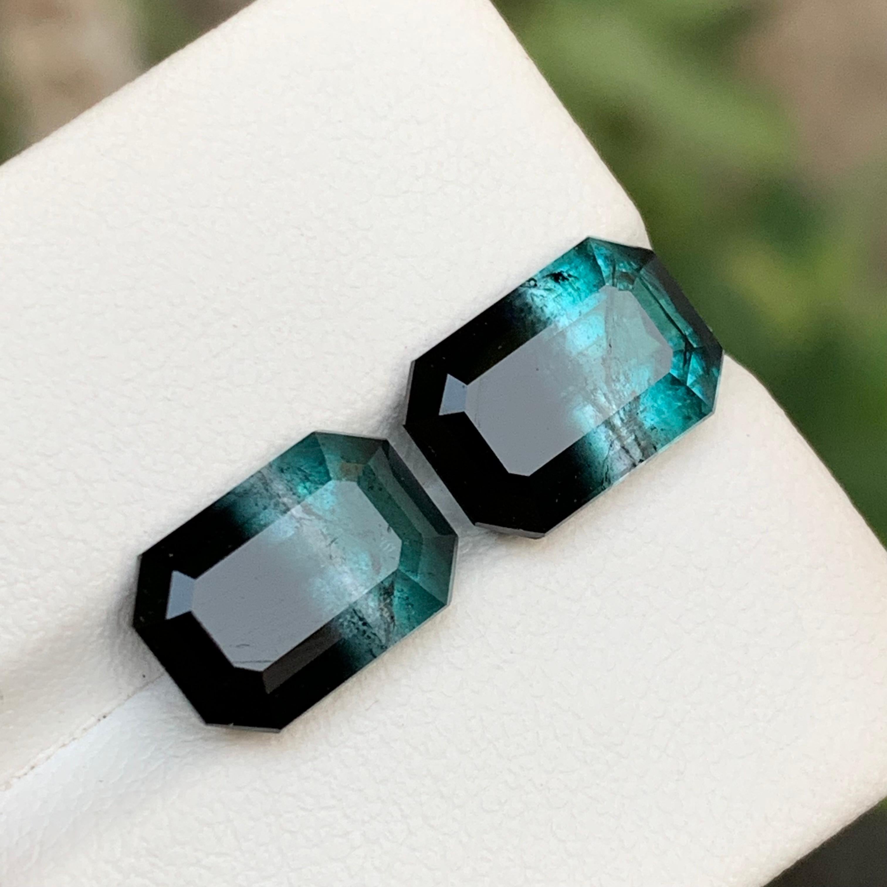 Blue & Black Bicolor Tourmaline Gemstones Pair 8.85 Ct Emerald Cut for Earrings For Sale 3