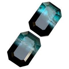 Blue & Black Bicolor Tourmaline Gemstones Pair 8.85 Ct Emerald Cut for Earrings