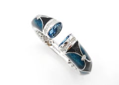 Blue Black Enameled, 25.07 Carat Blue Topaz, and Diamond 18K Gold Clamper Bangle