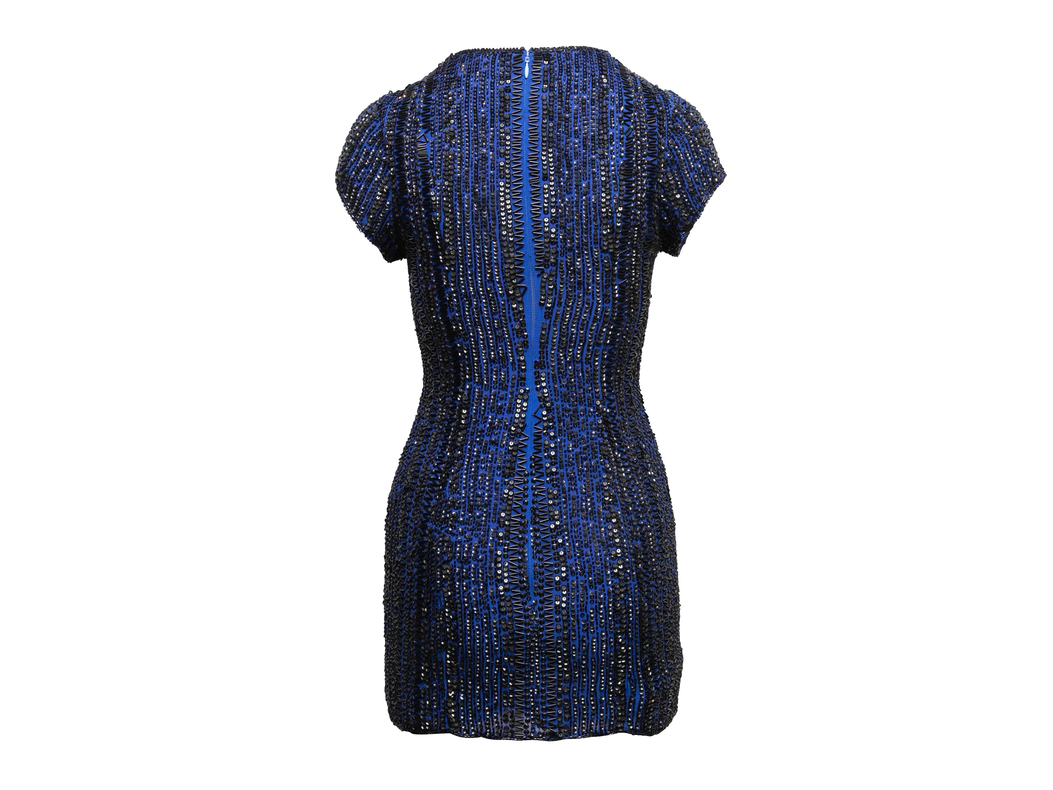 Blue & Black London Luxe Beaded Silk Mini Dress Size US XS In Good Condition For Sale In New York, NY