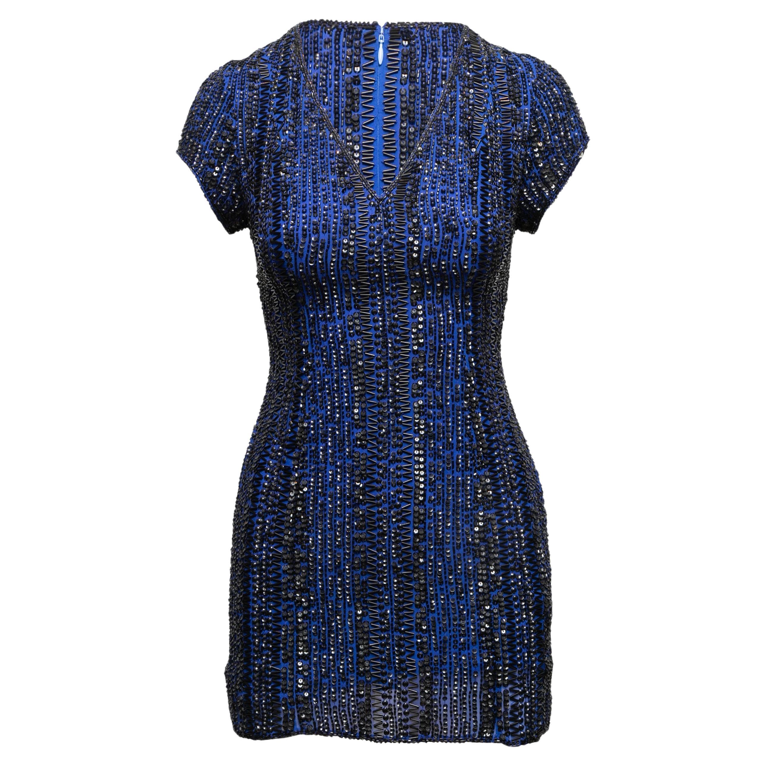 Blue & Black London Luxe Beaded Silk Mini Dress Size US XS For Sale