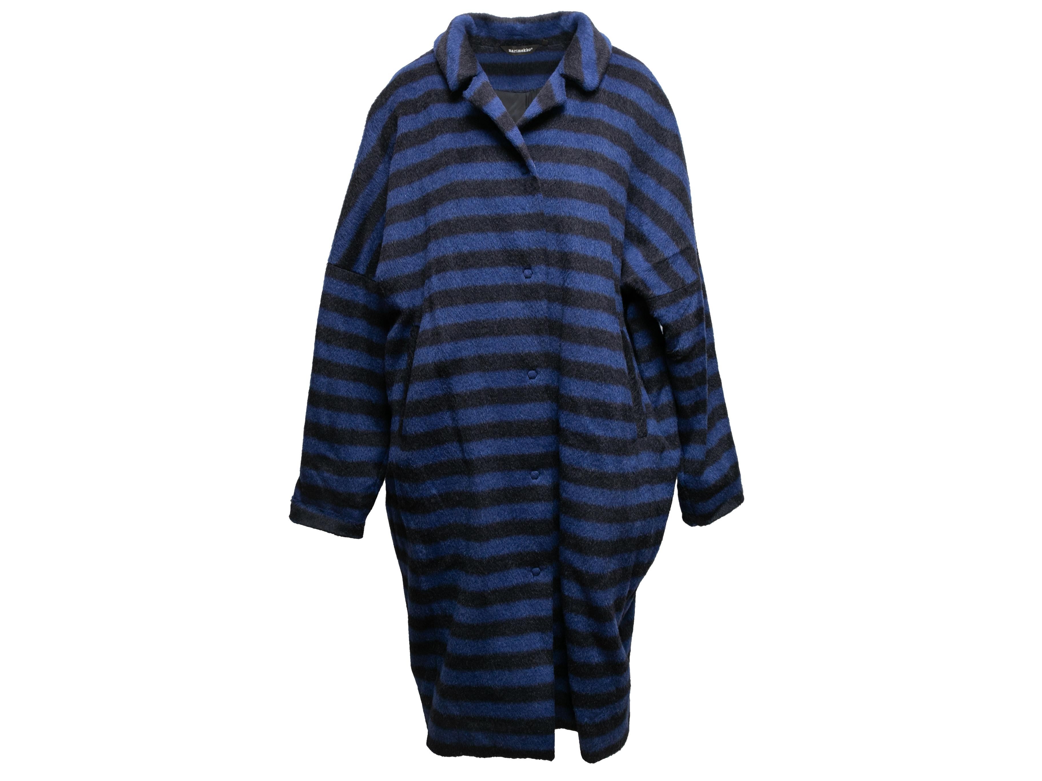 Blue and black virgin wool and mohair striped coat by Marimekko. Notched collar. Dual hip pockets. Concealed front closures. 50