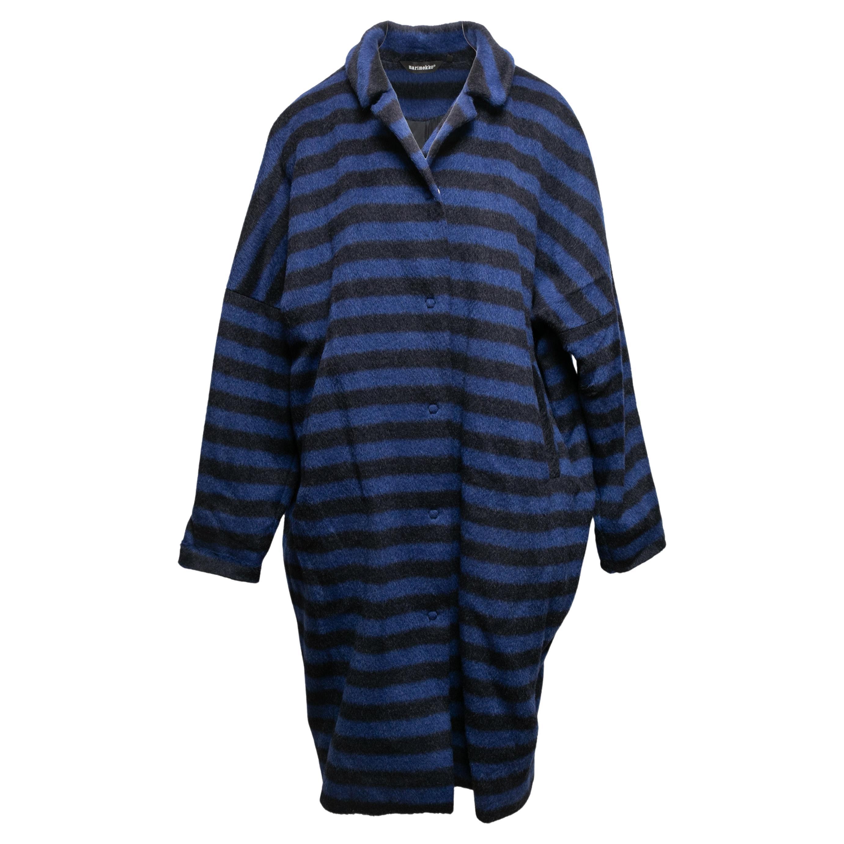 Blue & Black Marimekko Virgin Wool & Mohair Striped Coat Size EU 40 For Sale