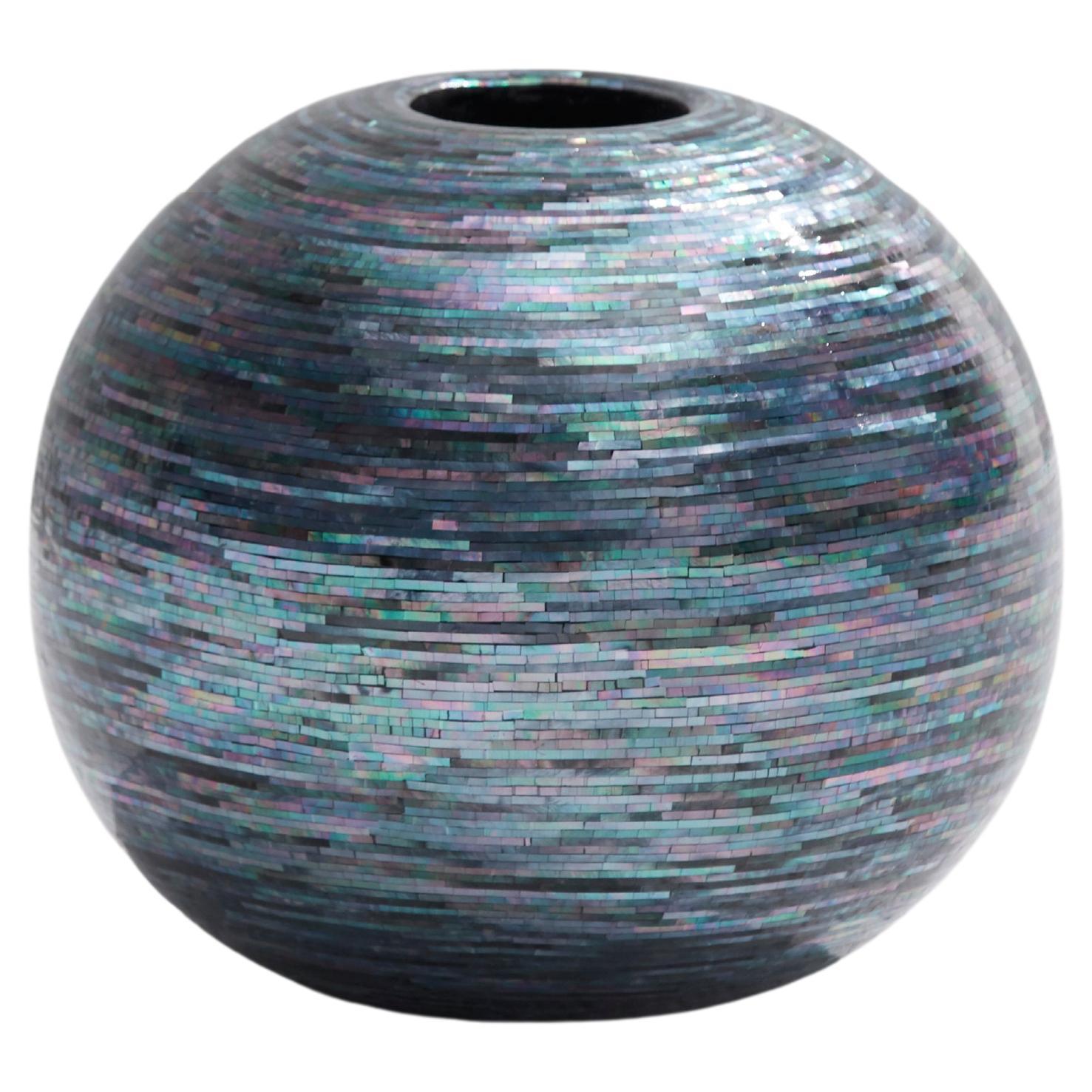 Blue Black Mother-of-Pearl Wooden Object Vase 02 For Sale