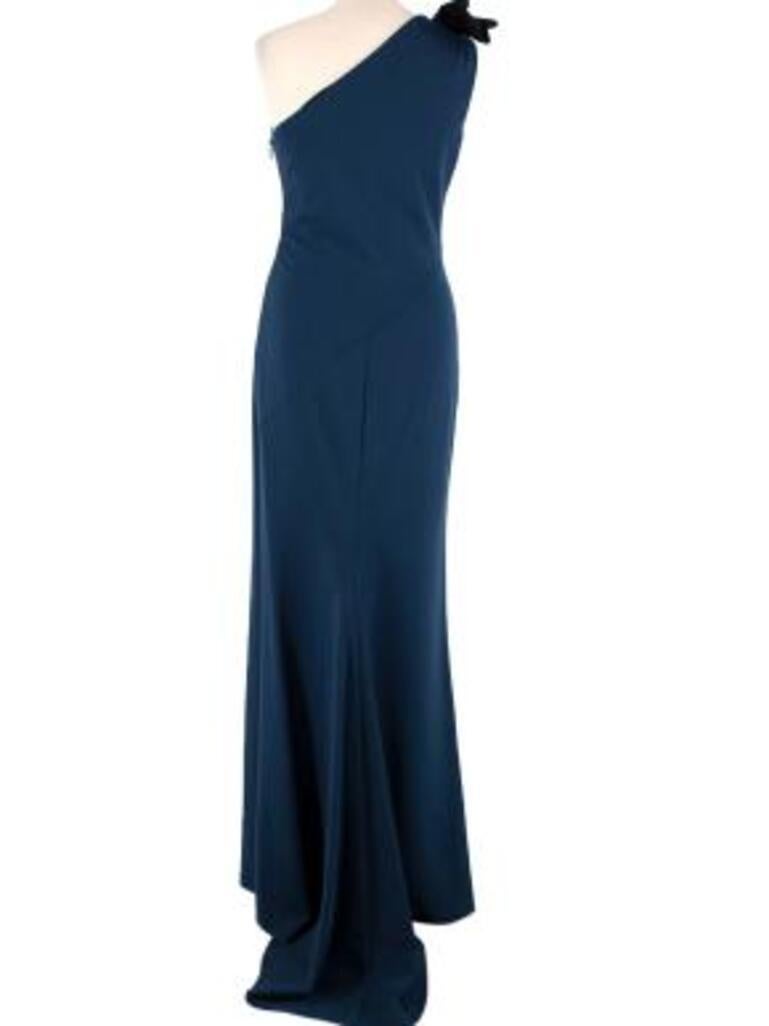 Lanvin Blue & Black One Shoulder Gown with Bow
 

 - Blue maxi dress with one shoulder strap complete with a blue and black bow
 - Stretchy thick jersey fabric 
 - Seam detail at the back
 - Side zip fastening 
 

 Made in France 
 Specialist luxury